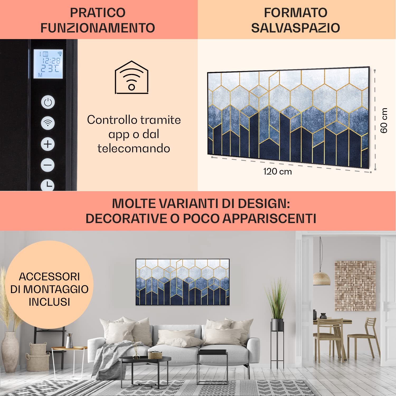Klarstein Air Art Smart Stufa Elettrica Basso Consumo, Termoconvettore Elettrico da Parete 700W con Controllo IoT/WiFi App, Termosifone Elettrico a Muro, Pannello Radiante Infrarossi, Senza CO2