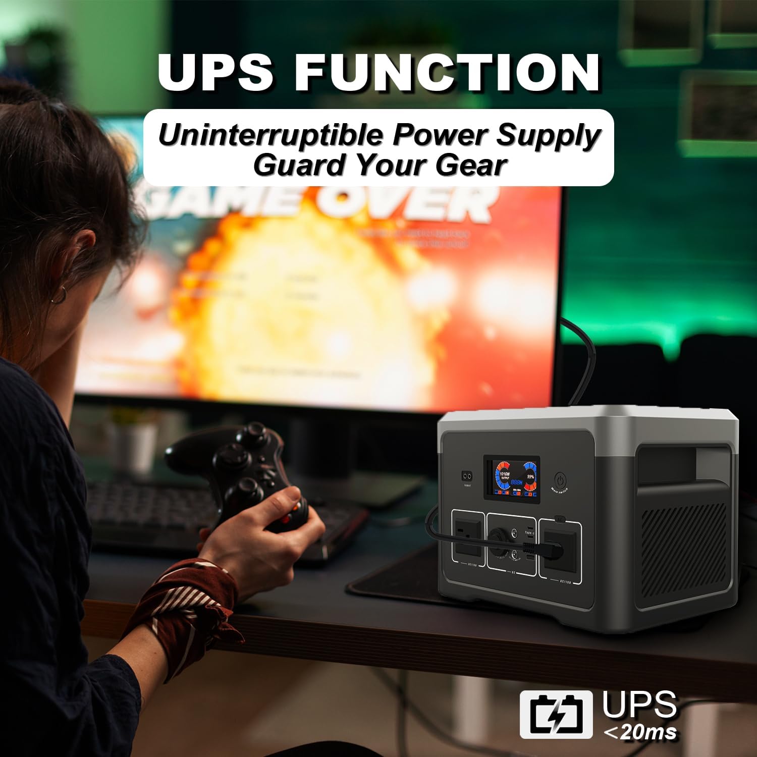 Akiisolo Portable Power Station providing UPS function for a gaming setup