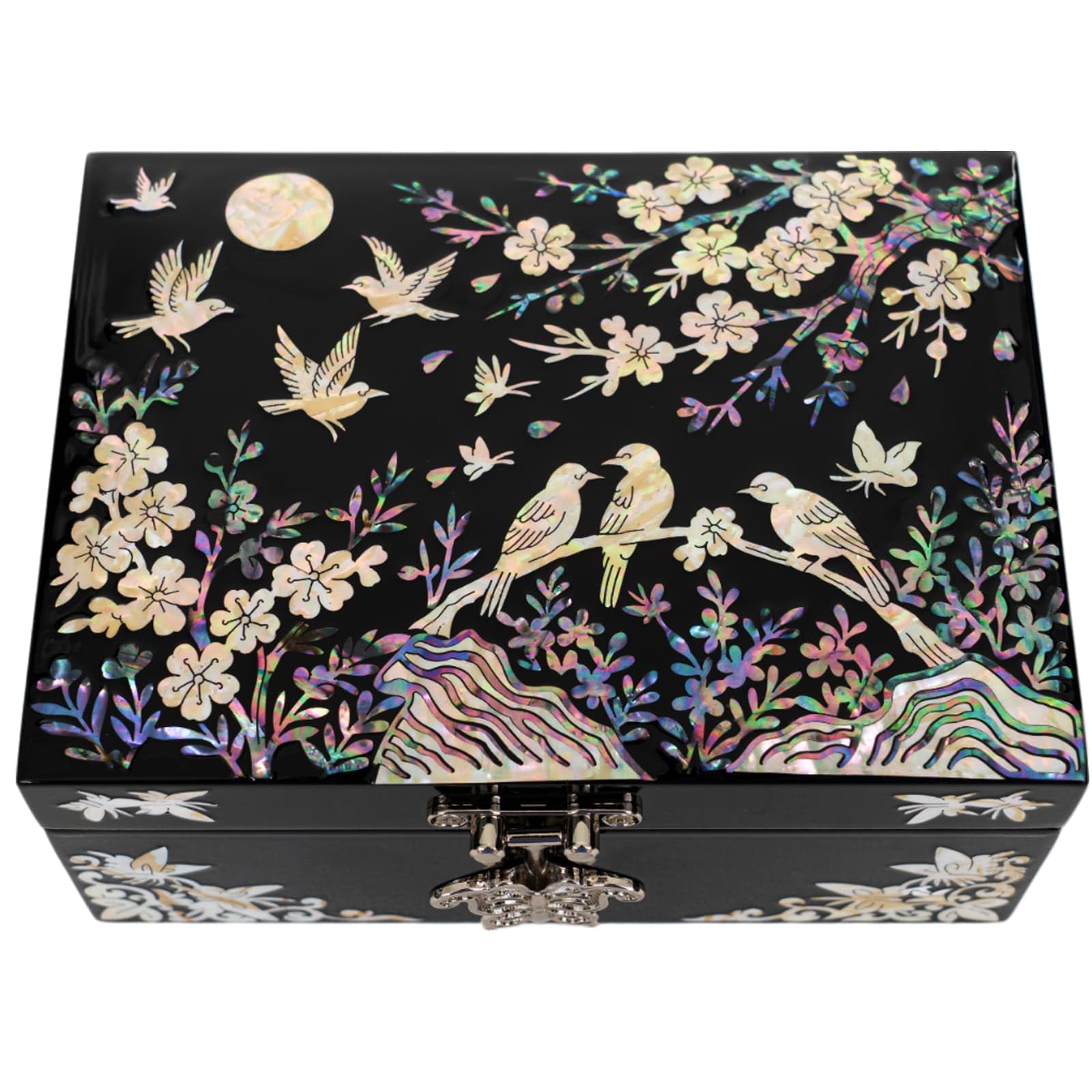 February Mountain Mother of Pearl Jewellery Box with Ring Tray - Gifts for Women Birthday Wedding Mother's Day Christmas Graduation Gifts (Birds & Blossoms)