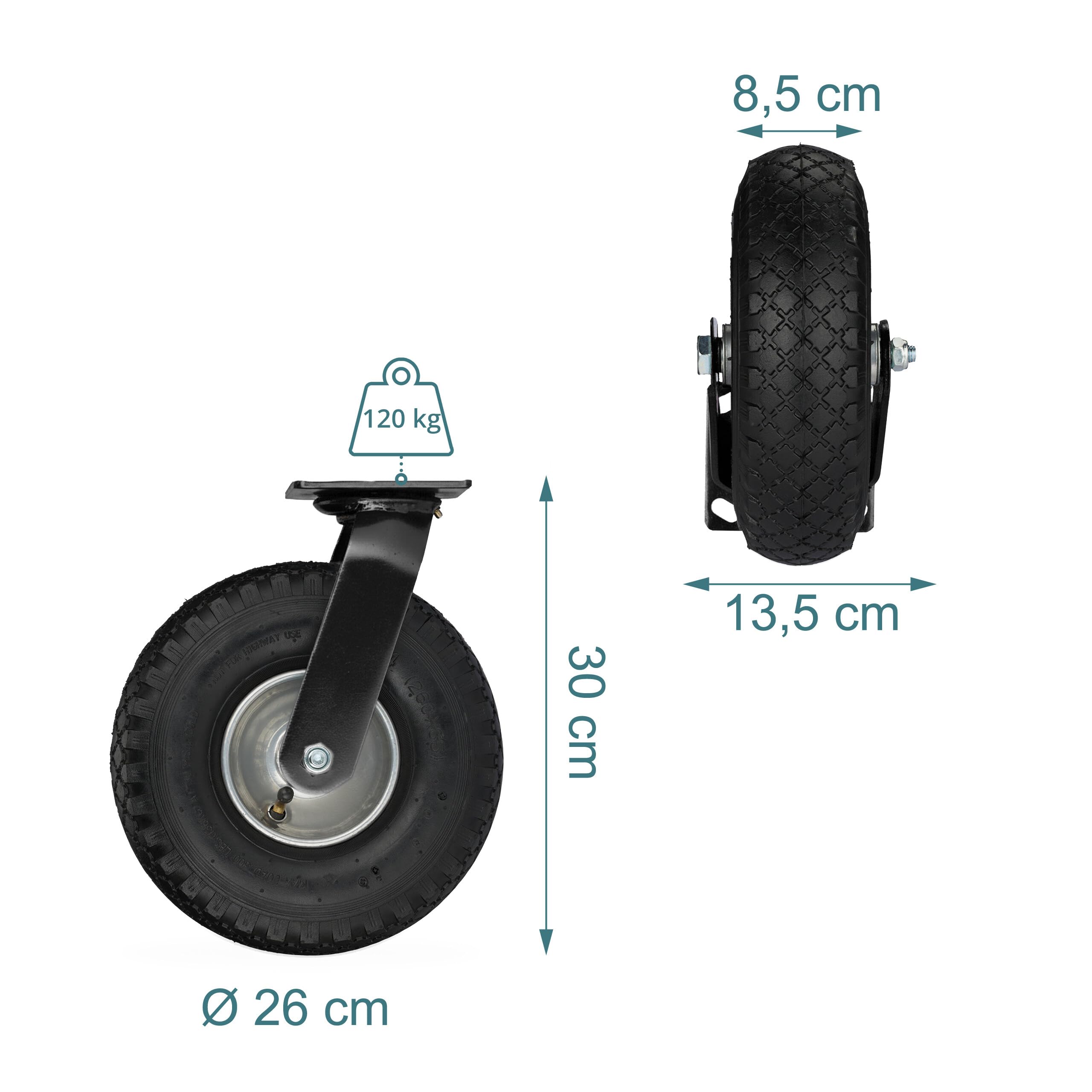 Relaxdays Set 2 Ruote fisse + 2 girevoli, pneumatiche 3.00-4, Portata 120 kg, Nero/Argento, Rotelle