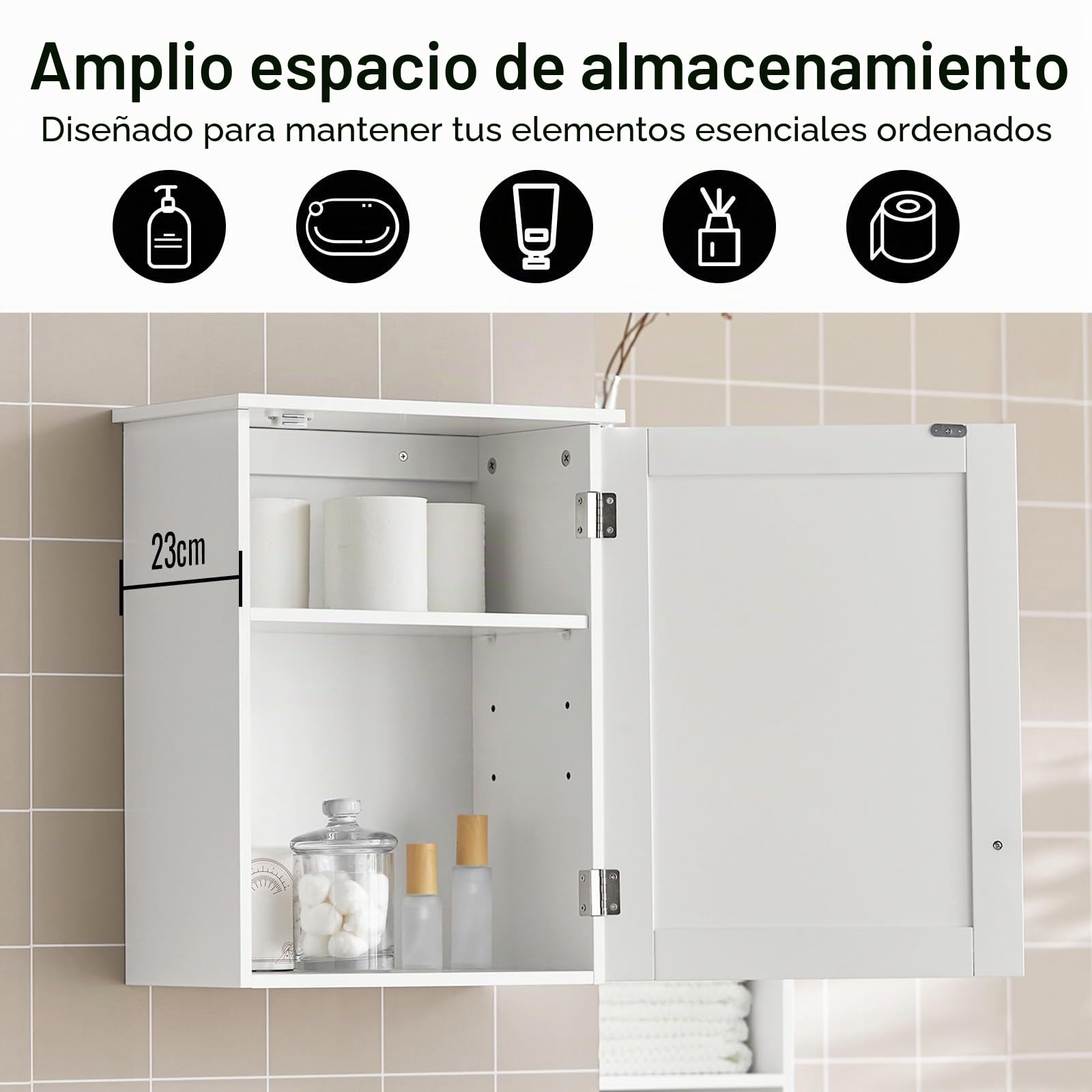SoBuy Armario de Pared para Baño – Mueble de Baño Colgante con Puerta y Estantes Ajustables, Armario de Madera para Cocina, Pasillo – Vitrina Pared, Blanco, 40x52x23cm, BZR19-W