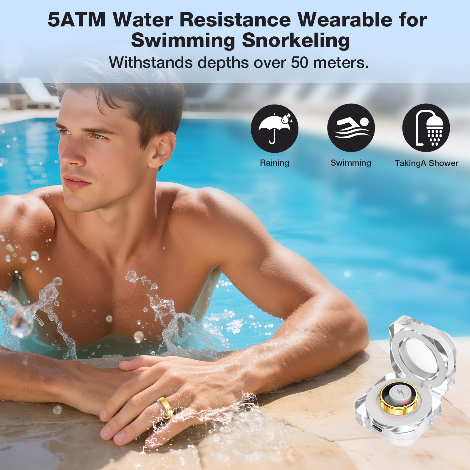 Anneau de suivi intelligent de la santé, anneau de suivi du sommeil avec capteur de fréquence cardiaque, étanche pour homme et femme, compatible avec iOS et Android (doré, 12)
