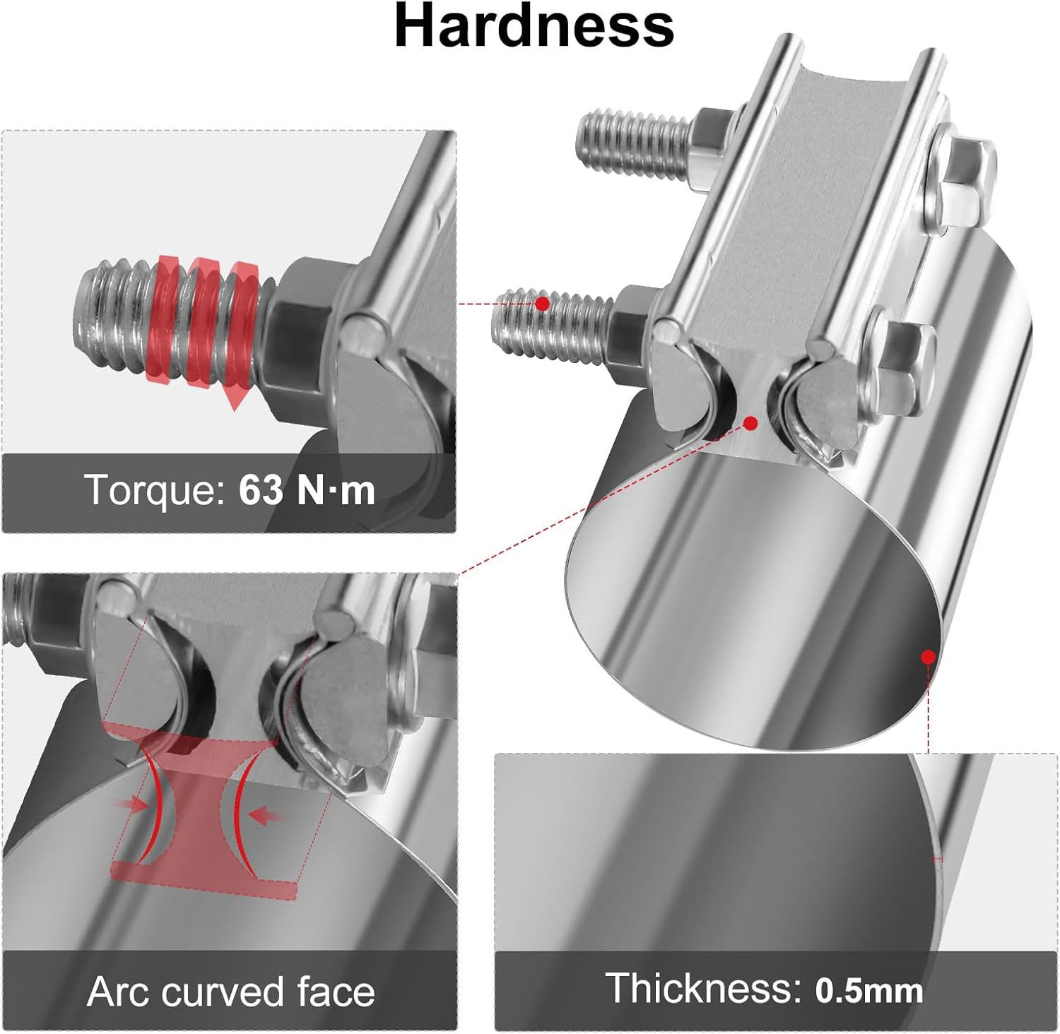 2.0 Exhaust Clamp, 4PCS 2" Stainless Steel Butt Joint Band Clamp Sleeve Coupler for Mufflers, Pipes, Catalytic Converters