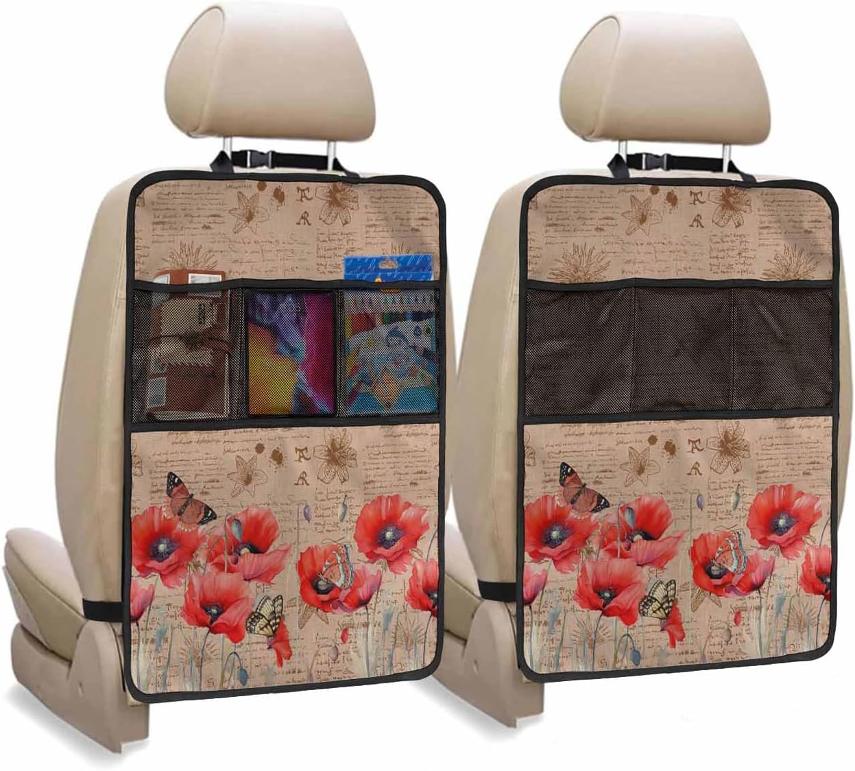 T&H XHome Car Seat Protector, 2 Pack Kick Mats with Organizer - 3 Pocket Storage, Retro Red Poppy Plant Flower Butterfly Pattern Back Seat Cover for Kids Universal Fit Automotive Interior Protectors