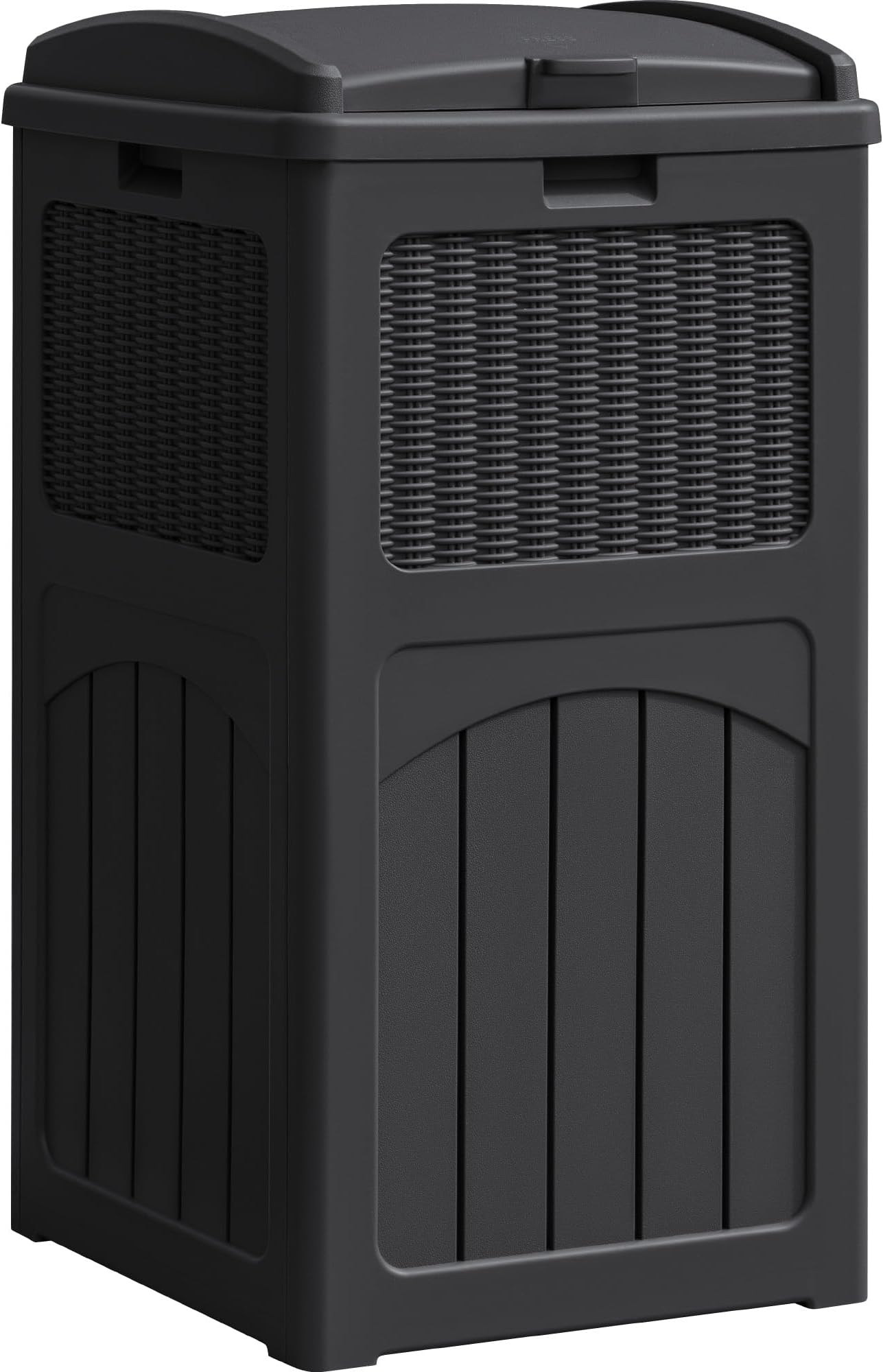 33 Gallon Resin Outdoor Trash Can with Lid, Hideaway Waterproof Patio Garbage Bin, Black