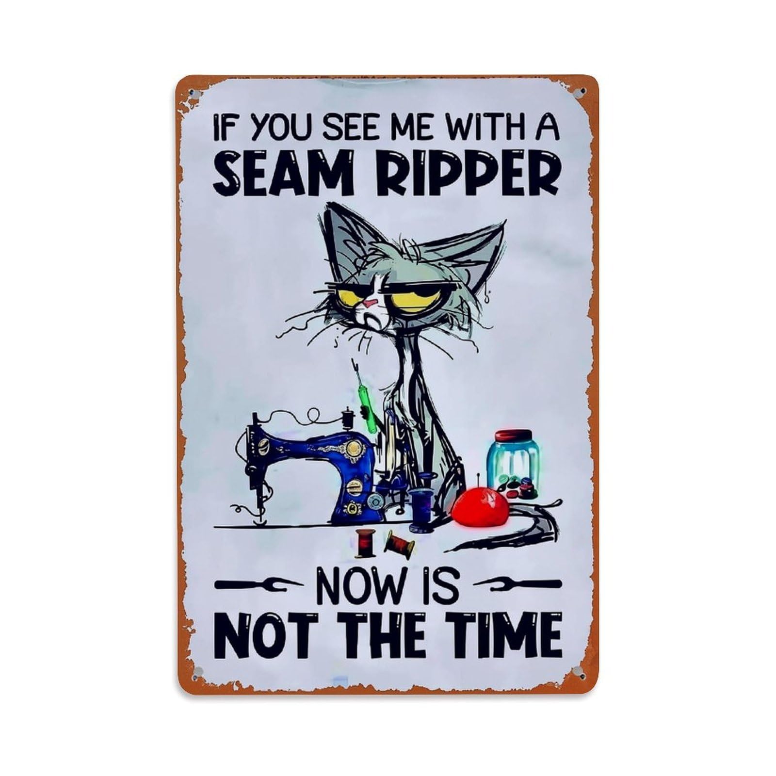 Bliveurn Vintage Angry Cat With Sewing Tools Retro Metal Tin Sign, Metal Poster For Home, Gaming Room, Studio Workshop,Bar,Garage Wall Art Decor 8X12 Inch