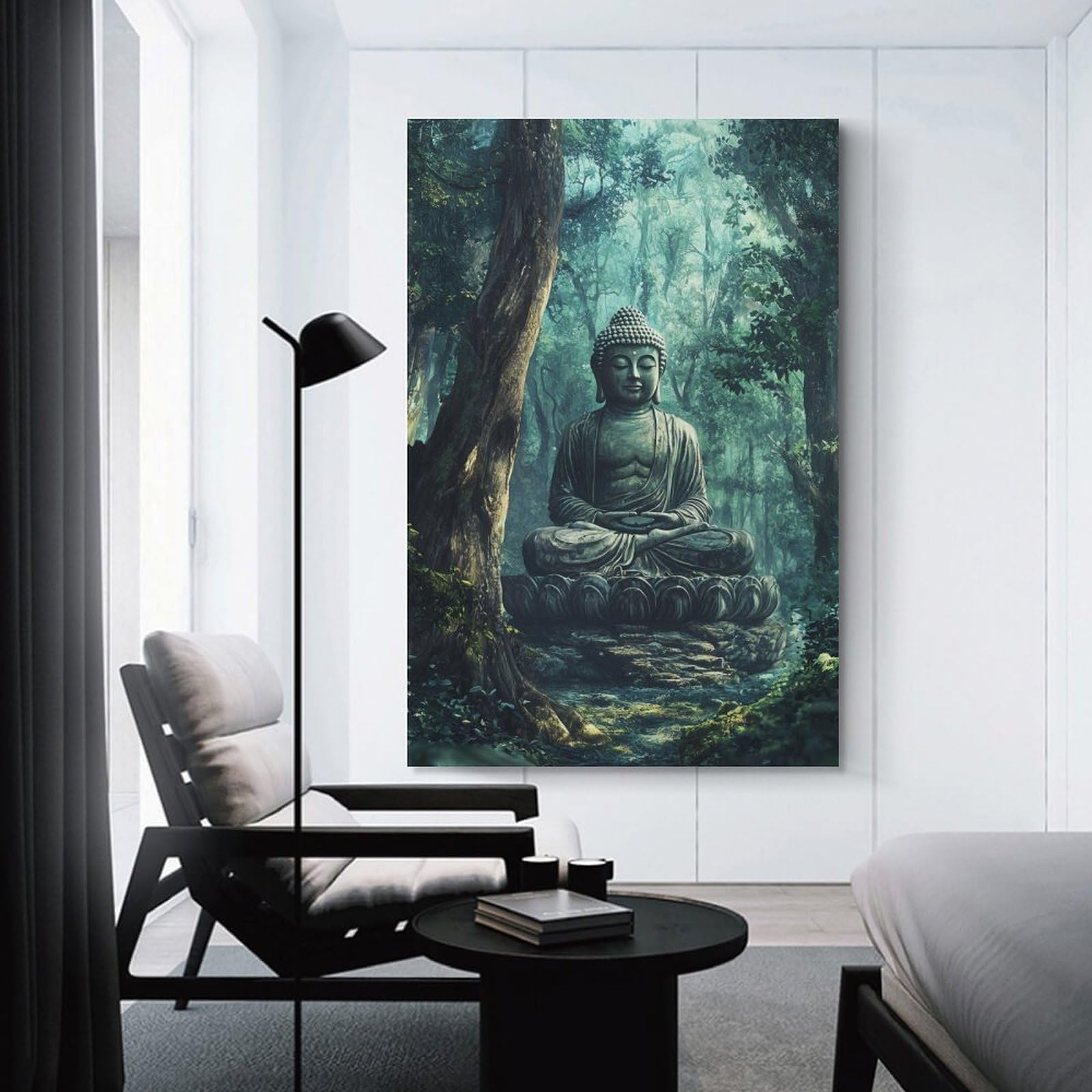 Junmoney Unframe-Style-9 Buddha Statue Forest Meditation Canvas Wall Decor, 24X36inch(60X90cm), For Flats, Guest Rooms Or Compact Rooms, Decorative Canvas Decor For Home Updates