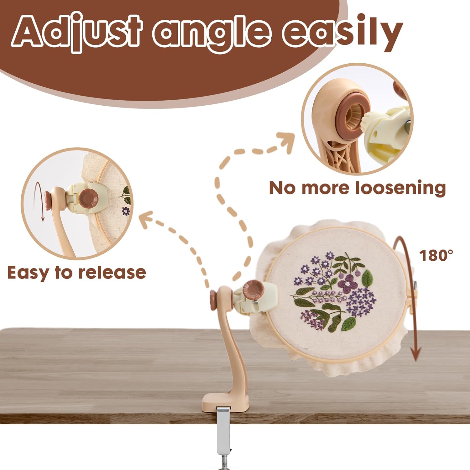 Embroidery Hoop Stand Set - Needlepoint & Cross Stitch Holder, Upgraded Firm Clamp, Easy Lock/Release, Fits Most Hoops, Anti-Loose Screws (Brown)