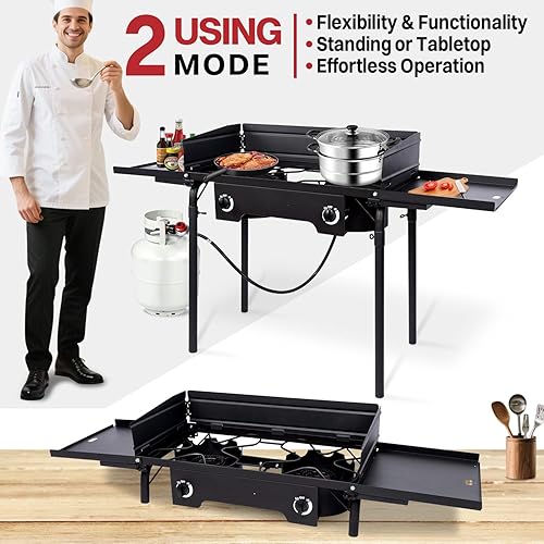 Miniatura 6 de Estufa de campamento de propano de 2 quemadores  Quemadores de gas de 150,000 BTU  Estantes laterales  Parabrisas  Cubierta impermeable  Patas