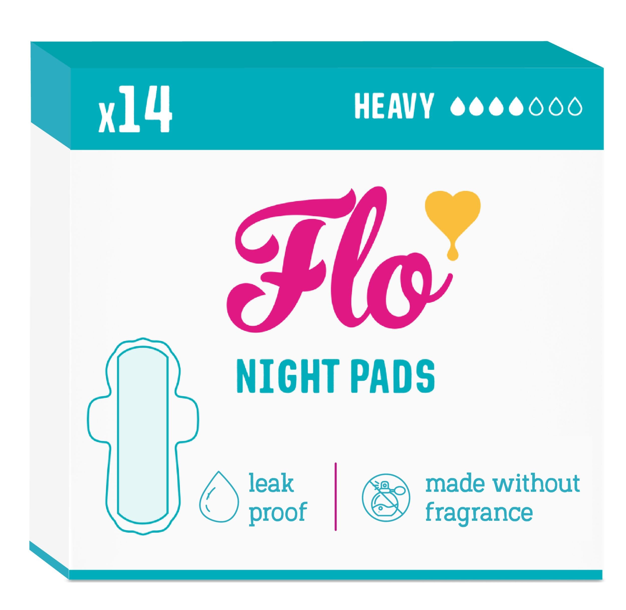 Flo Bamboo Night Period Pads – Super Absorbent, Soft, Thin - Winged Leak-Free Pads for Regular Flow – 14 Pads