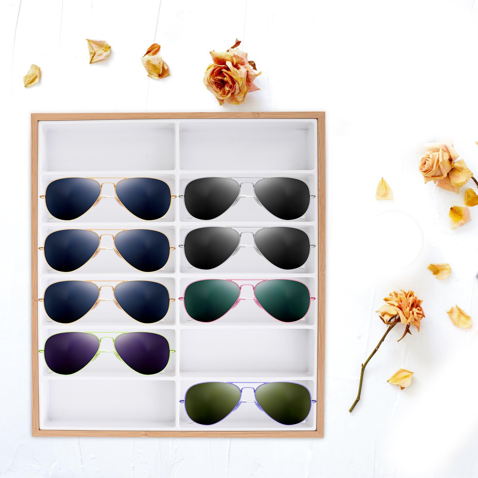 LIFKOME Holz Brillen Displaybox mit 12 Fächern zur Sonnenbrillenhalterung und Schmuckorganisation Weißes Material für Sommerferien im Markt und Heimgebrauch