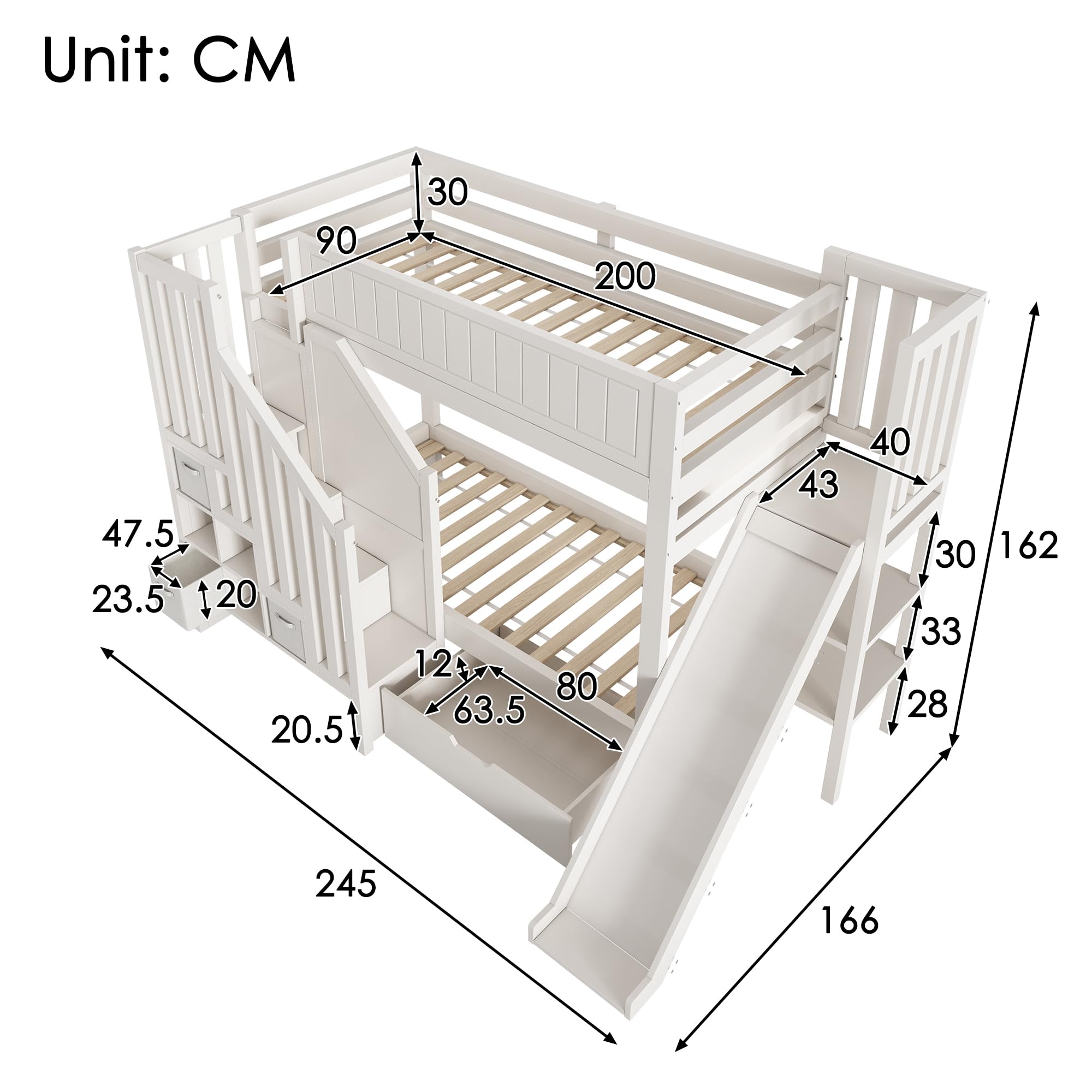Letto a castello per bambini, 90 x 200 cm, scivolo, armadietto a scale, cassetti grandi, scaffale aperto, bianco, rete a doghe, sicurezza, ideale per famiglie con più bambini, senza materasso