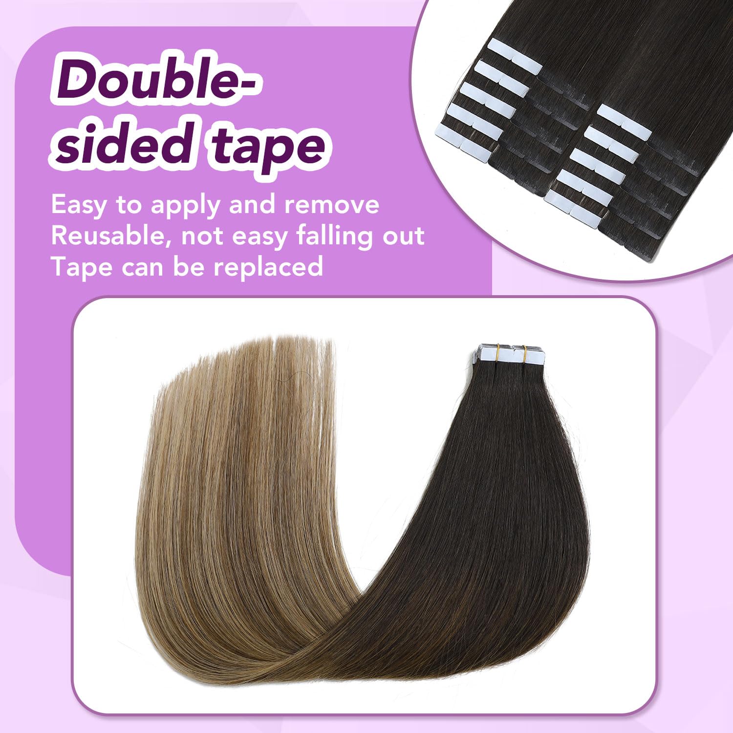 Sindra Haarverlängerung, Echthaar, selbstklebend, 55 cm, #1B427 | 20 Stück, 50 g, Schwarz bis Mittelbraun mit Karamellbraun, Extensions, Echthaar, unsichtbar, Volumen für Damen, 55,8 cm