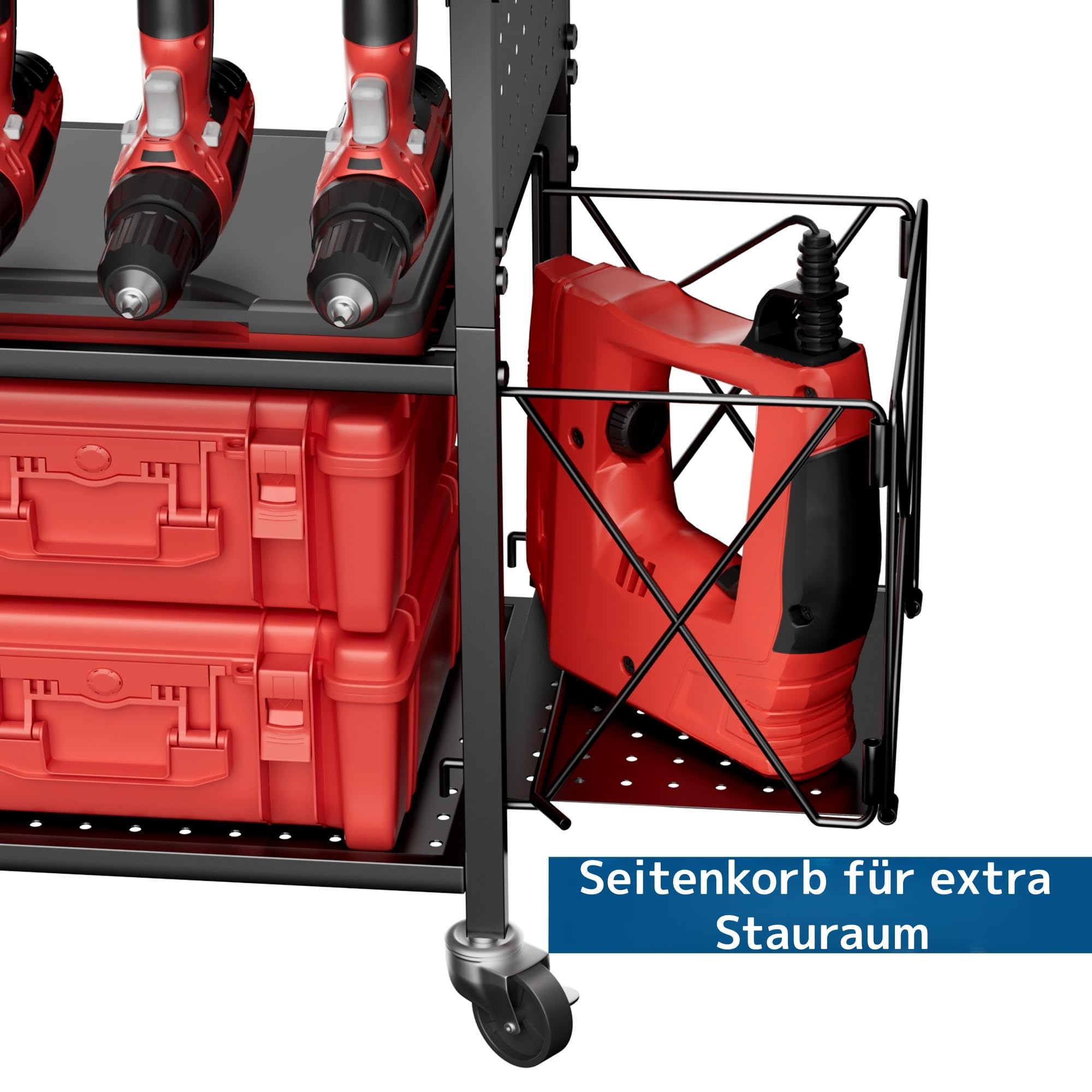 Werkzeugwagen mit Rädern, 4-stufiges Werkzeugregal für hohe Belastbarkeit (250 kg), mit 8 Akku-Bohrerhaltern und seitlicher Stecktafel, Metall-Mehrzweckregal für Zuhause, Garage, Lager, groß mit Schub