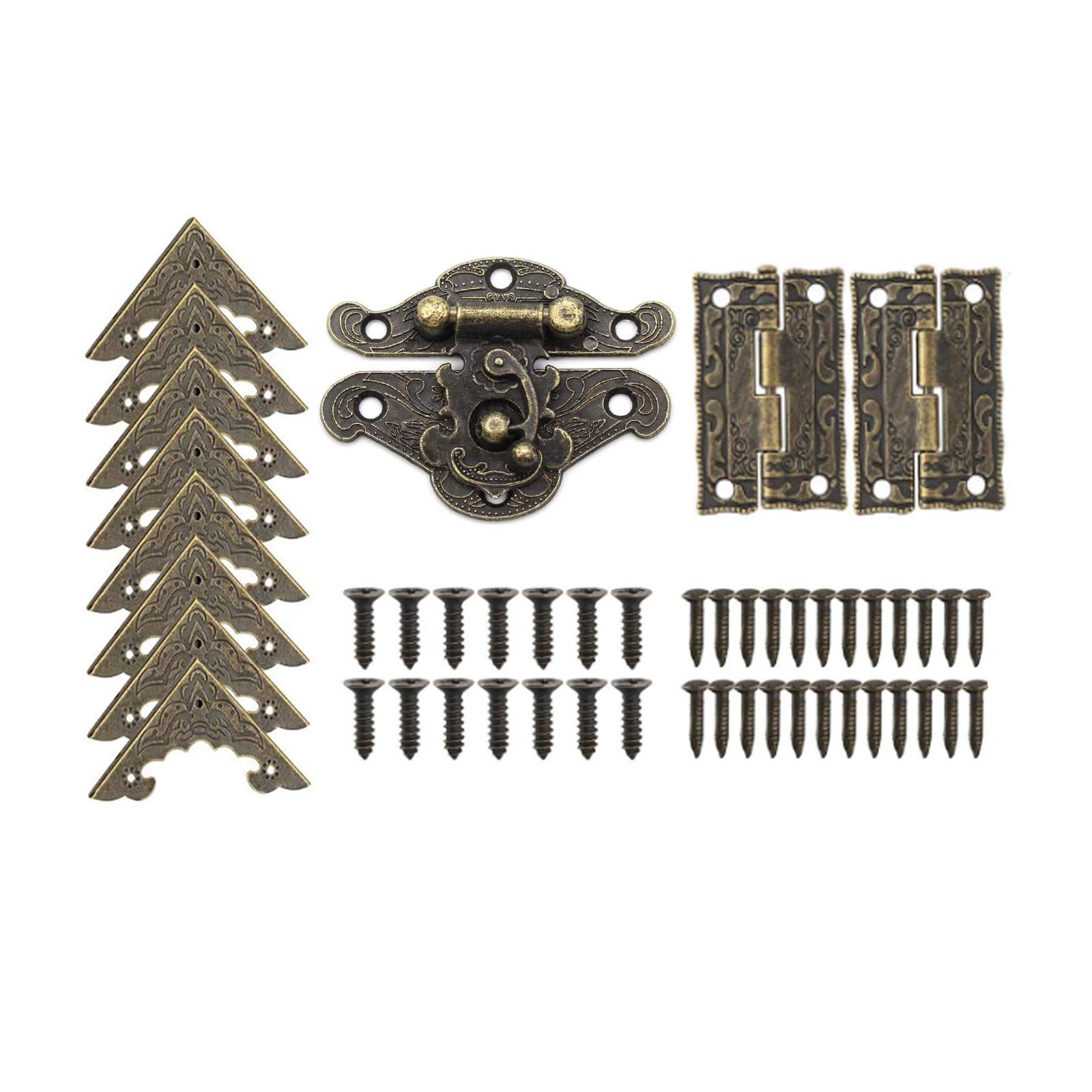 1 Set Antique Vintage Hasp Latch Lock+2Pcs Retro Square Hinges+8Pcs Box Corner Protectors with Screws