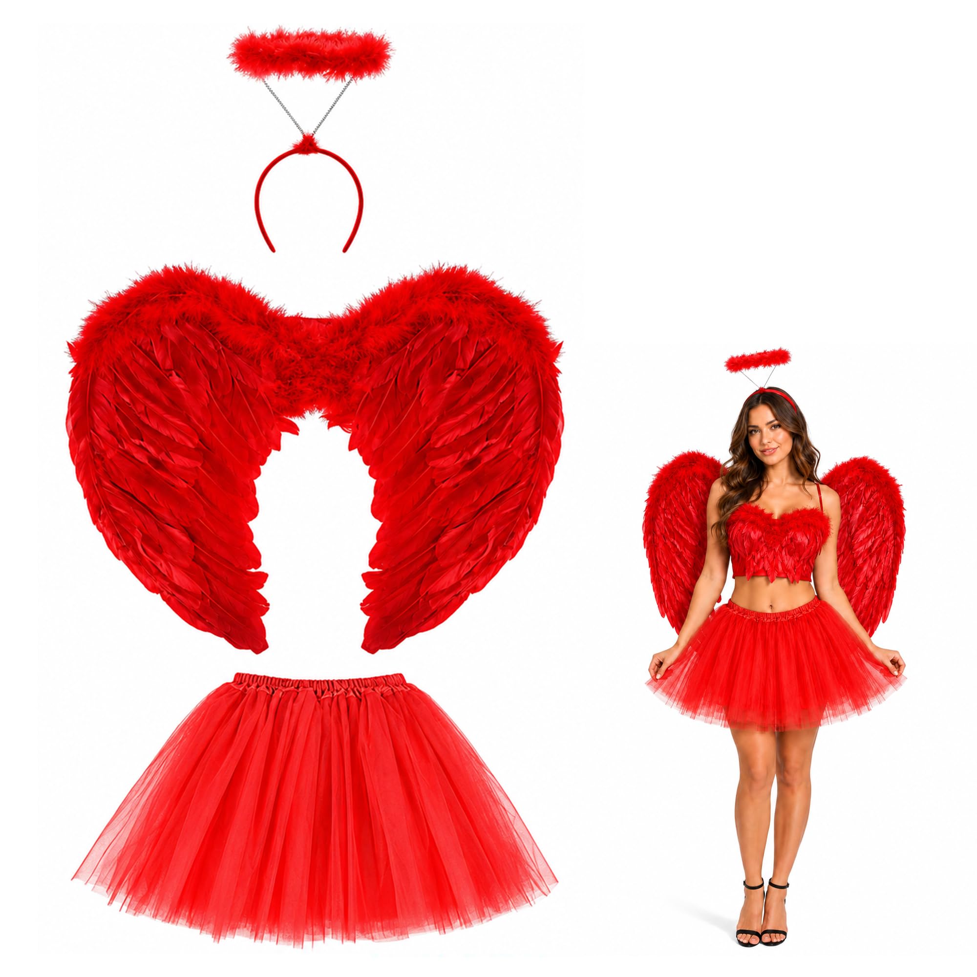 Lizzy Adult Fairy Angel Costume | Women’s Fancy Dress Outfit with Halo, Feather Wings & Tutu Skirt | Ladies Halloween, Christmas, Carnival & Party Costume Accessories (Red Angel) — image 1