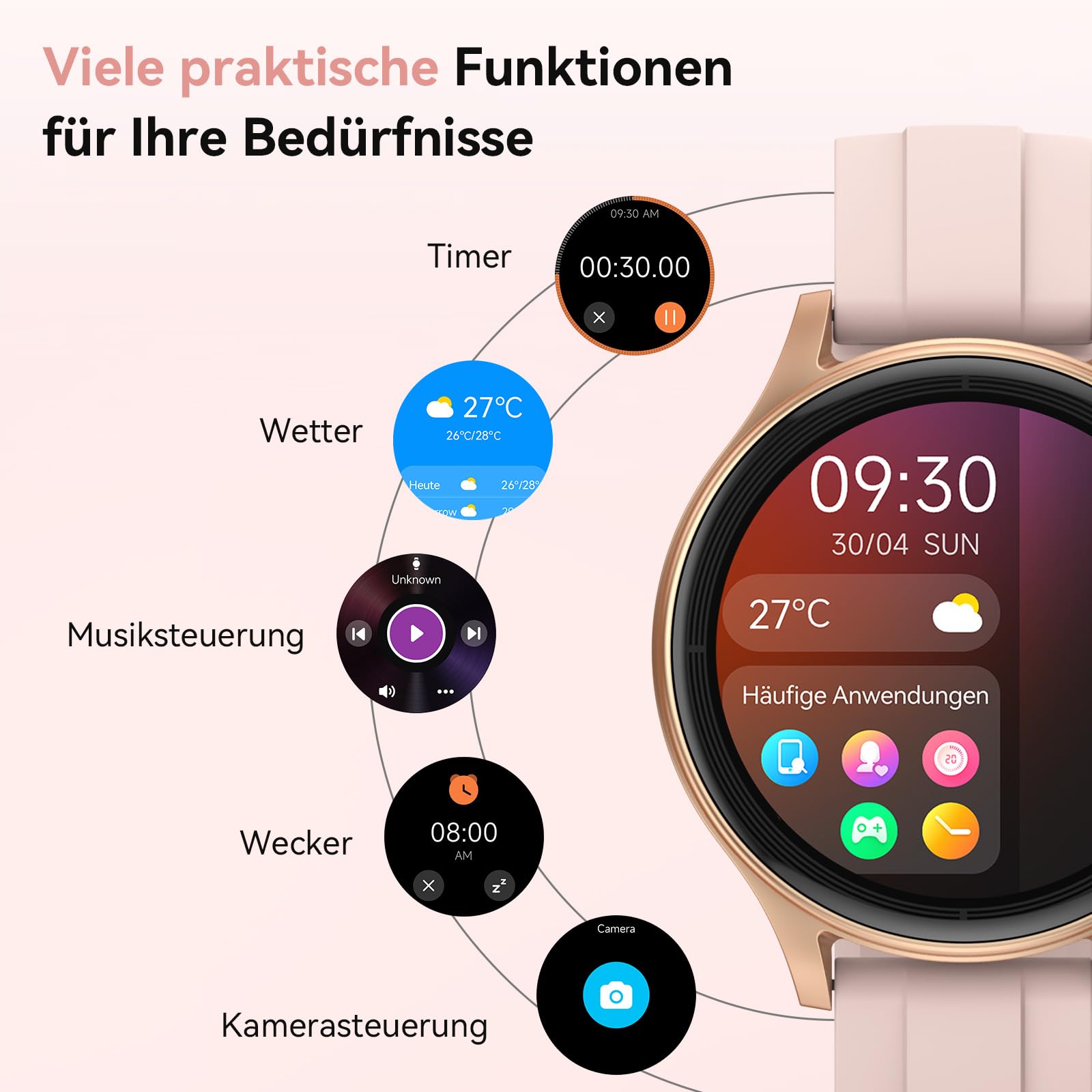 Smartwatch Damen Rund, 1.57" Smart Watch mit Telefonfunktion/Whatsapp, Fitness Tracker mit Herzfrequenz/Schlafmonitor, Fitnessuhr Damen 120+ Sportmodi 3ATM Wasserdicht, Uhr für Samsung/Android/iOS