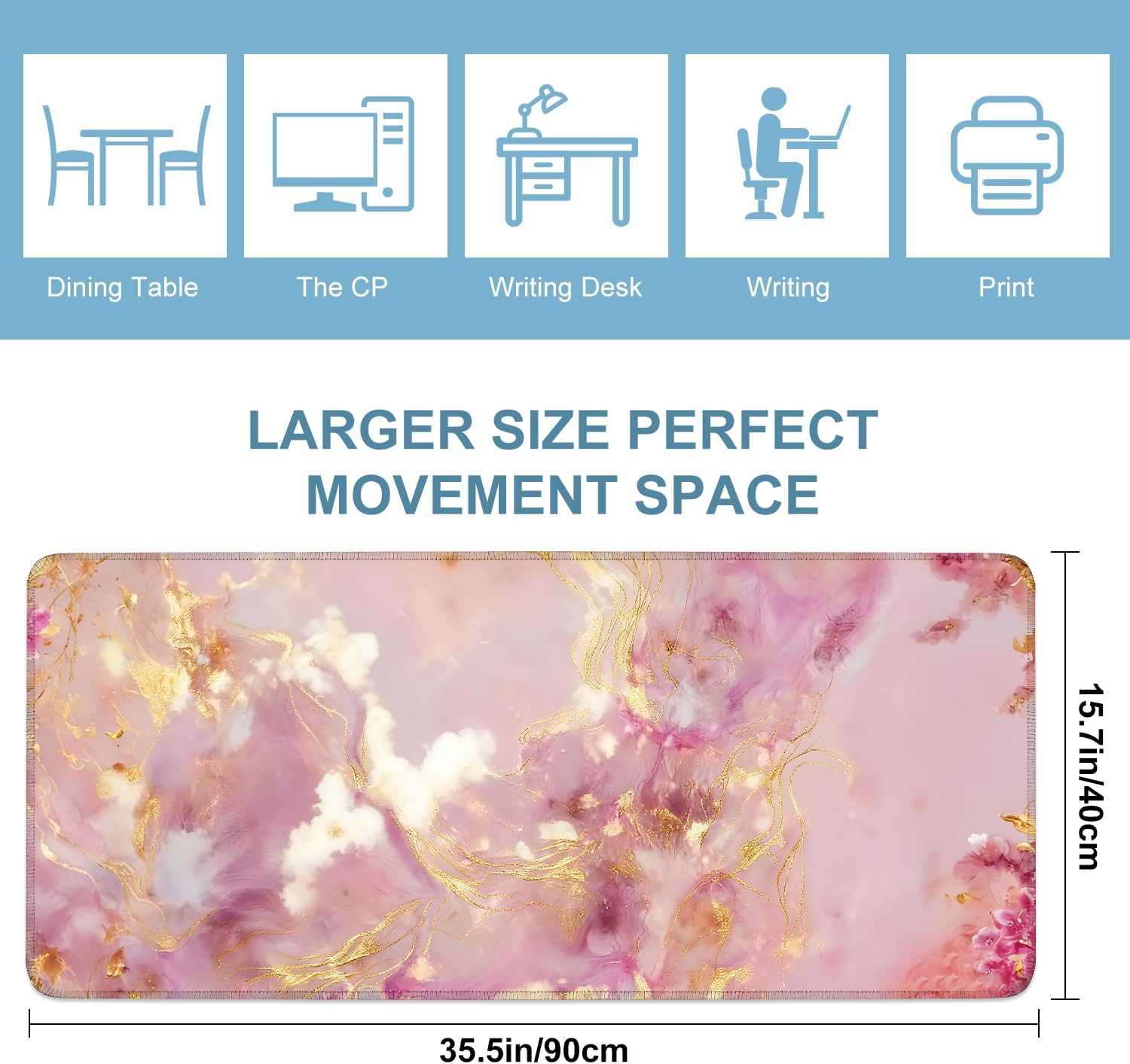 Pink & Gold Marble Extended Gaming Mouse Pad,35.4 x 15.7 Inch Large Mousepad with Stitched Edges,Water-Resistant Desk Mat with Non-Slip Rubber Base for Gaming,Office,Home Office