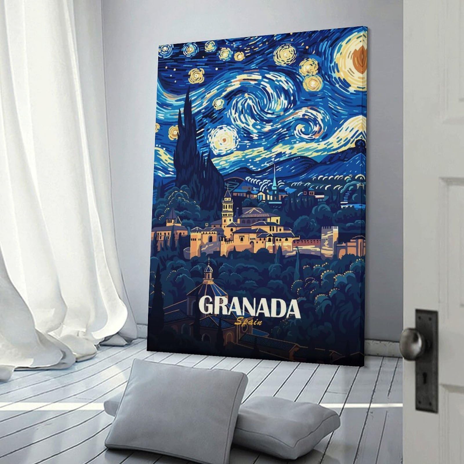 Junmoney Granada, Spain - Starry Night Style Canvas Wall Decor, 20x30inch(50x75cm), for Home Office, Desk Area Or Studio, Wall Art That Adds Style to Work Areas
