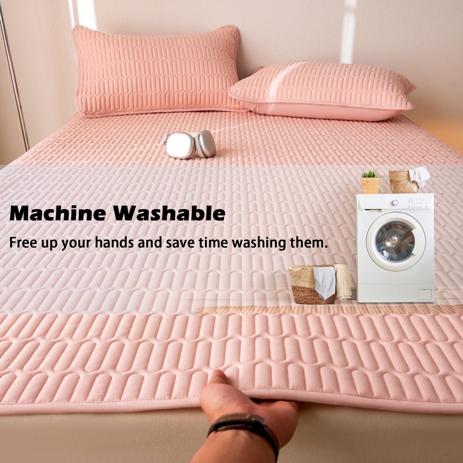 Coprimaterasso Matrimoniale Impermeabile coprimaterasso Singolo Proteggi Materasso in Cotone Traspirante con 4 Angoli Elasticizzati (Rosa,200 * 220cm)