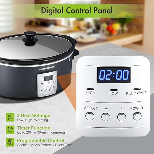 Miniatura 6 de 7QT - Olla eléctrica lenta de 280 W, temporizador digital de 20 horas y ajustes de calor de 3 niveles, olla interior ovalada de cerámica, negro,