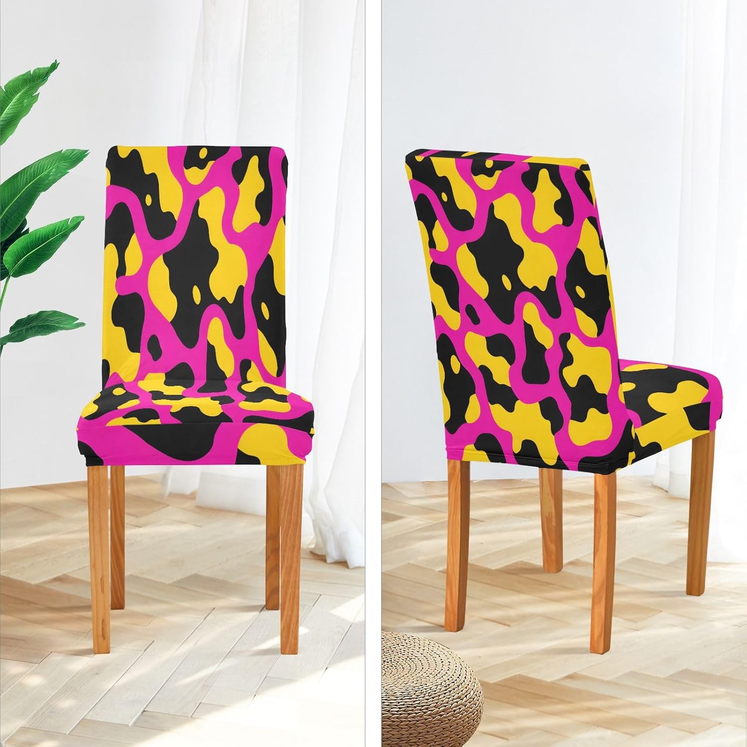 ALAZA Chair Covers for Dining Room, Pink Yellow Cow Pattern Stretch Chair Cover Sets Chair Protector Removable Washable for Ktichen Restaurant Hotel