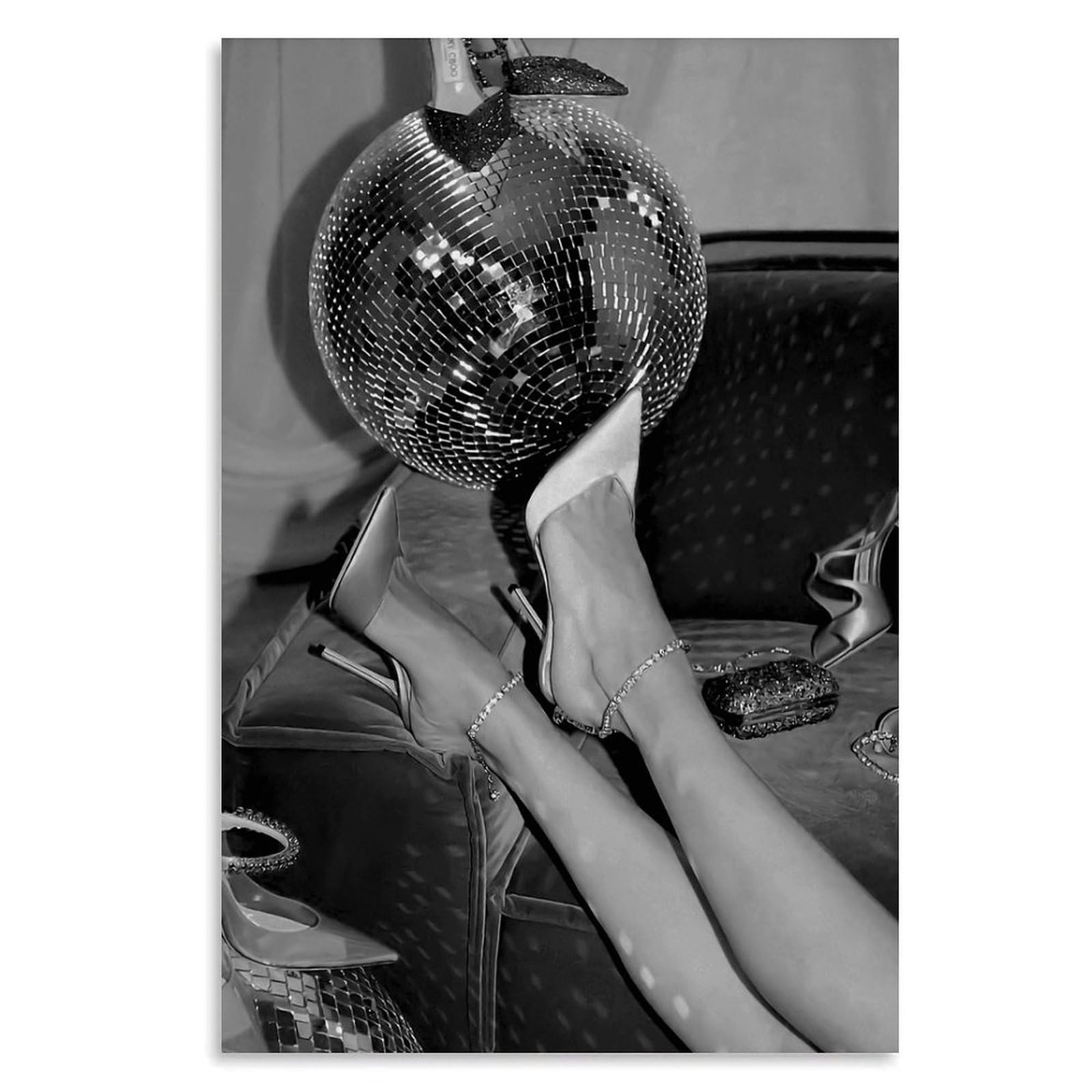Black And White Disco Ball Poster Funky Retro Disco Posters Vintage Disco Ball Painting Trendy Party Wall Art for Modern Bar Dorm Bedroom Decor Unframe-style 24x36inch(60x90cm)