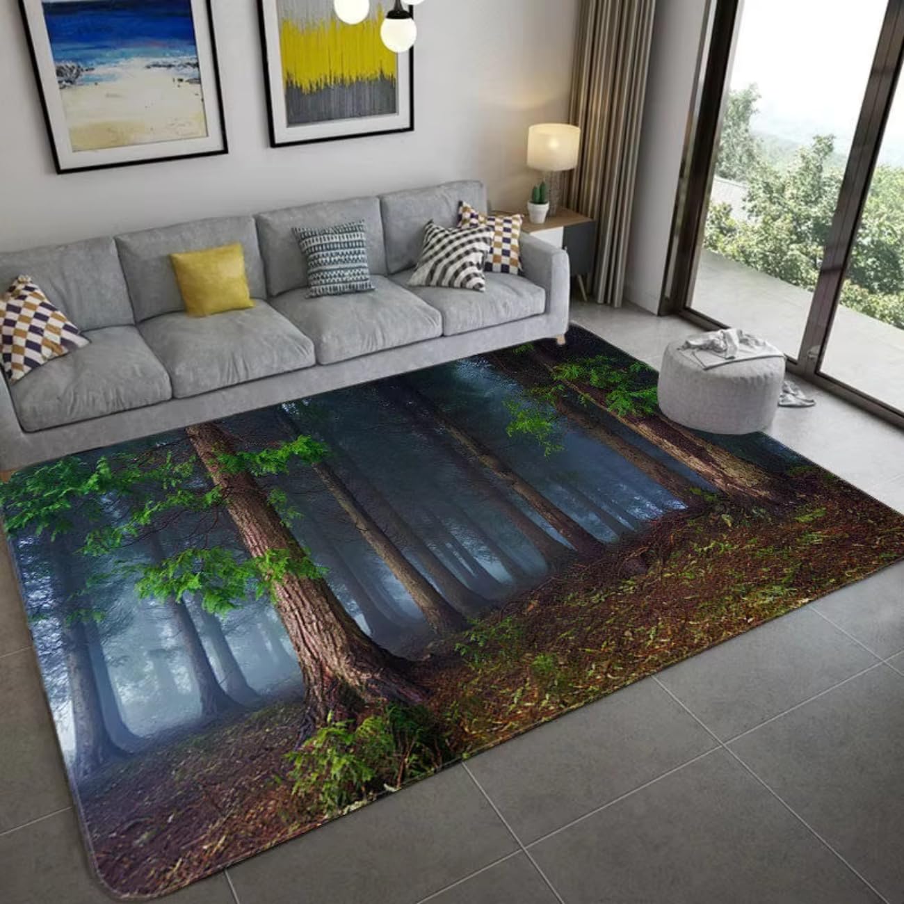 Tapis de salon vert doux flanelle à motif paysage naturel 3D lavable