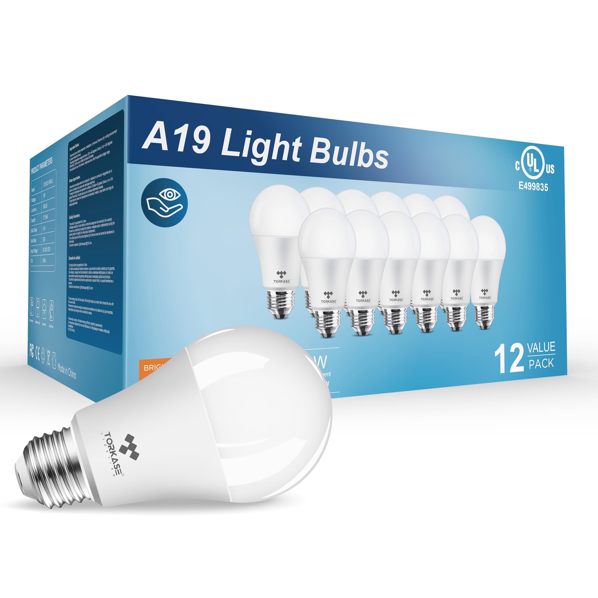 Torkase LED Bulbs 12-Pack, 80W Replacement A19 Light Bulb, 9W
