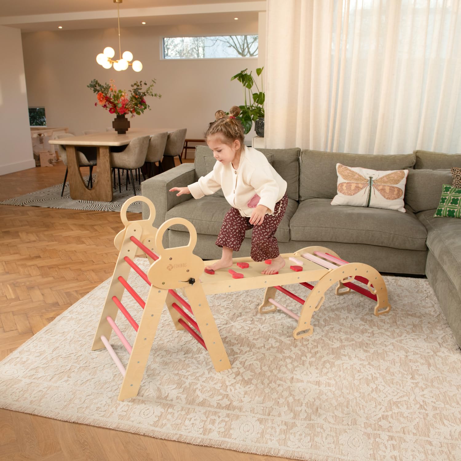 FINOOS Montessori - Set da gioco per interni, struttura da arrampicata 7 in 1 con scivolo e arco per bambini piccoli, rampa su entrambi i lati, triangolo da arrampicata, arco da arrampicata (1-3 anni