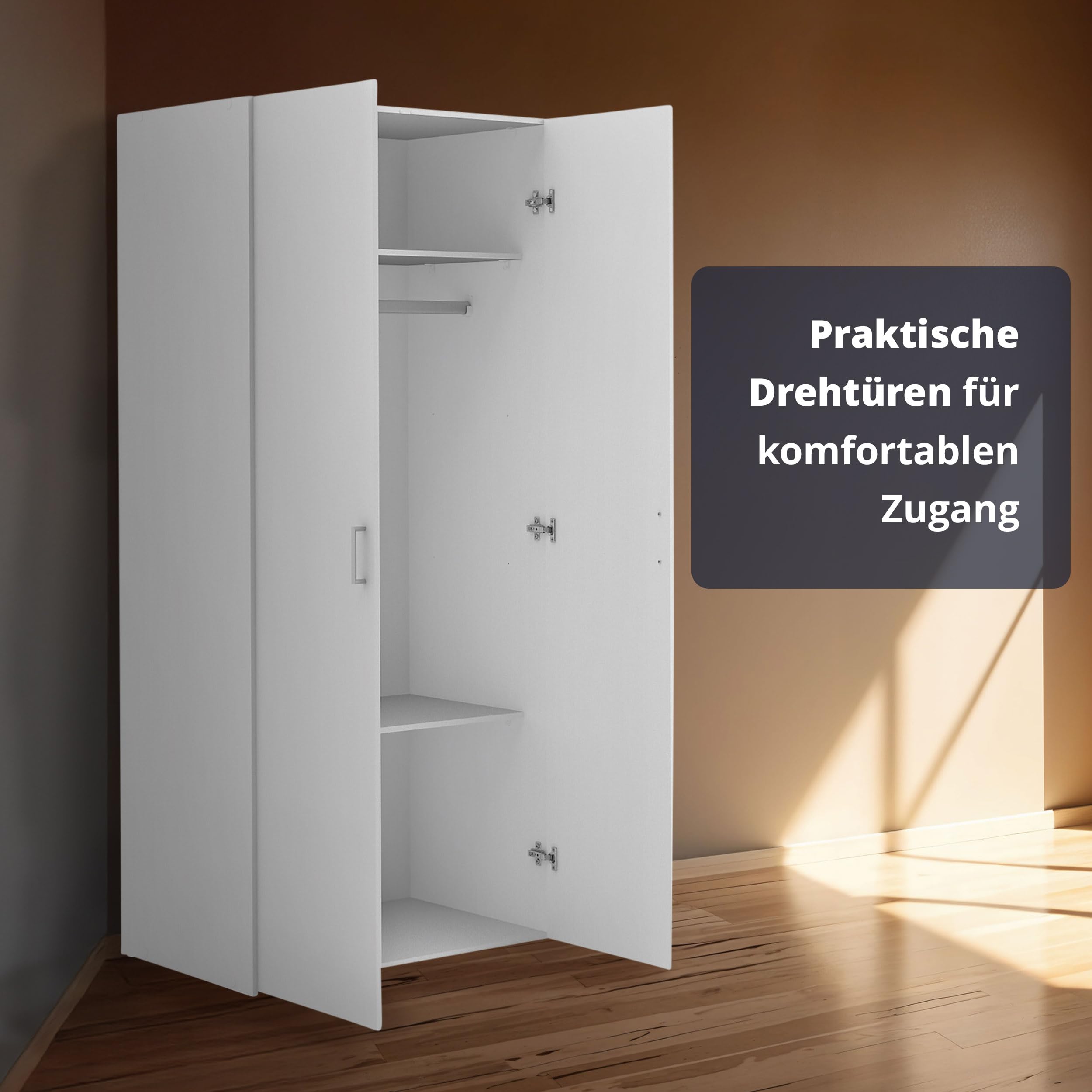 KHG Kleiderschrank weiß 2-türig Drehtürenschrank mit 1 Kleiderstange 2 Einlegeböden Bügelgriffe zeitlos