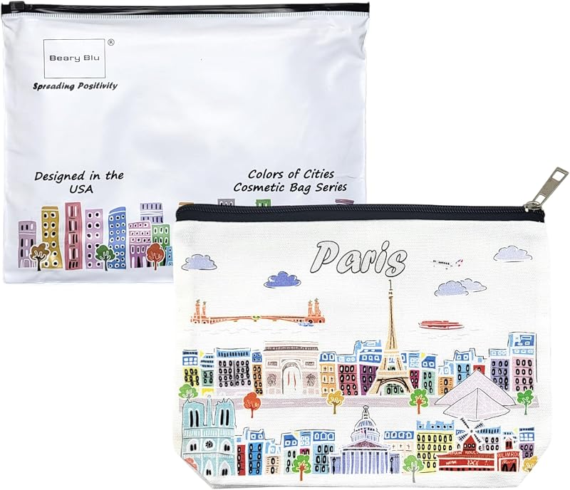 Necessaire de maquiagem Beary Blu Paris com zíper, em lona de algodão, 25,4 cm x 1,27 cm x 17,78 cm