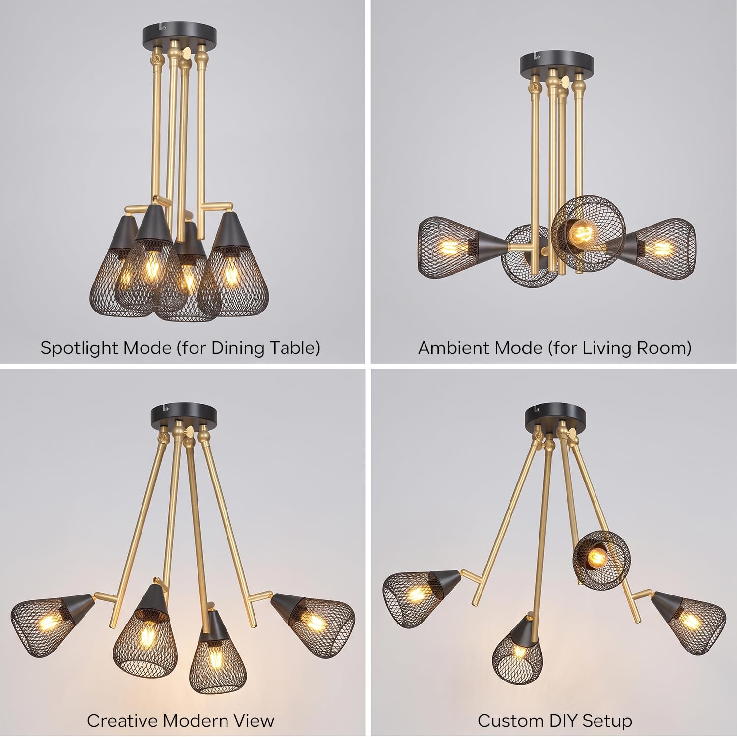 ANWIO Lámpara de Techo Negra con 4 Focos E14 Giratorios, Proyecto DIY de Iluminación para Personalizar tu Hogar, Ideal para Dormitorio, Pasillo o Cocina (Sin Bombillas)