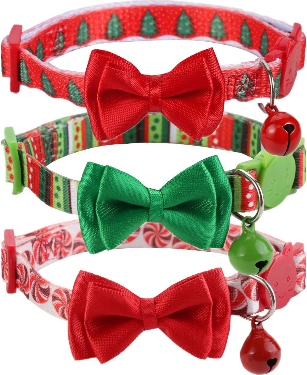 Christmas Cat Bow Tie Collar Pack of 3, Puppy Bowtie Collars Breakaway with Bell