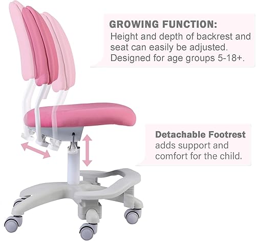 Miniatura 27 de Silla ergonómica de escritorio para niños, silla de computadora de oficina para estudiante, altura ajustable y profundidad del asiento, reposapiés
