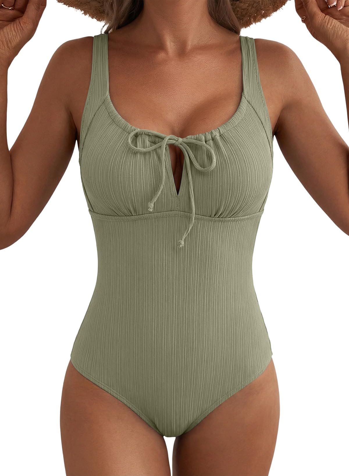 Photo 1 of Aleumdr 2026 Trendy Textured One Piece Bathing Suit for Women Tummy Control Swimwear Slimming Bathing Suit Cutout Tie Knot Swimsuit Clover Green XX-Large
