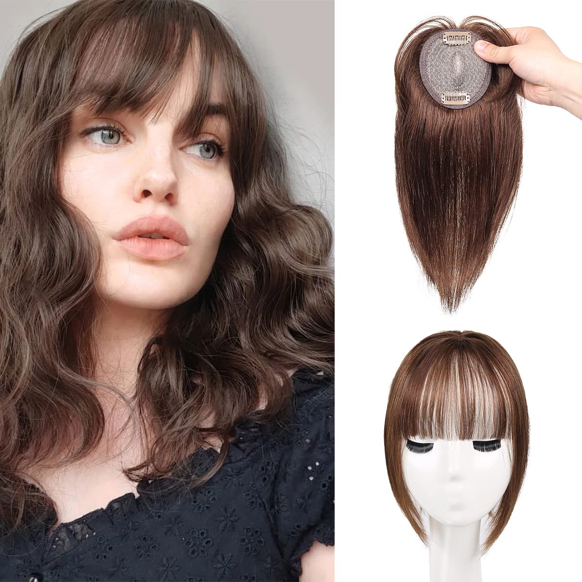 Hair Toppers for Women Real Human Hair,Hair Toppers for Women No Bangs Top Hair Extensions Hair Pieces for Thinning Hair Wiglets Upgrade Lace Base Premium Remy Hair Toppers 12inch