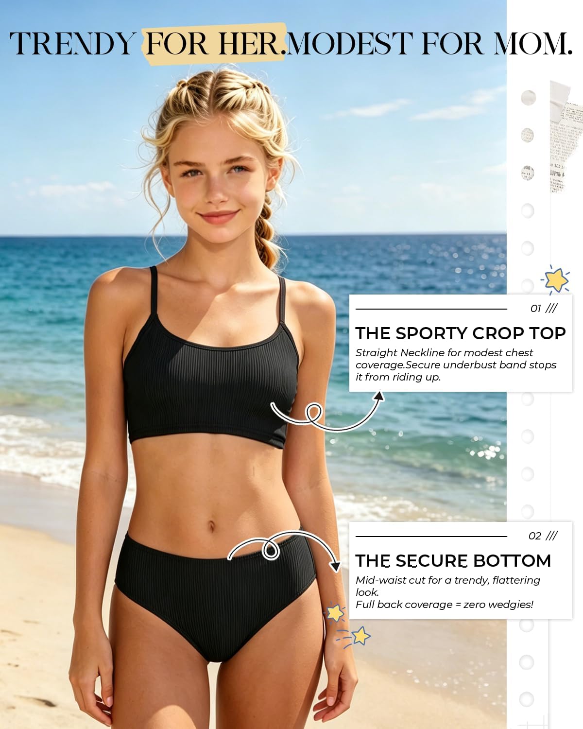 Century Star Girls Ribbed 2-Piece Bikini Swimsuit - Fully Lined Modest Bathing Suit for Teens & Tweens