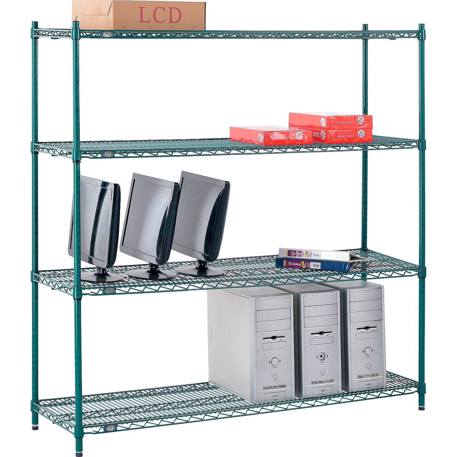Poly-Green, 4 Tier, Wire Shelving Starter Unit, 60"W x 18"D x 54"H by Nexel – 4, Steel, Green, Model 18605G