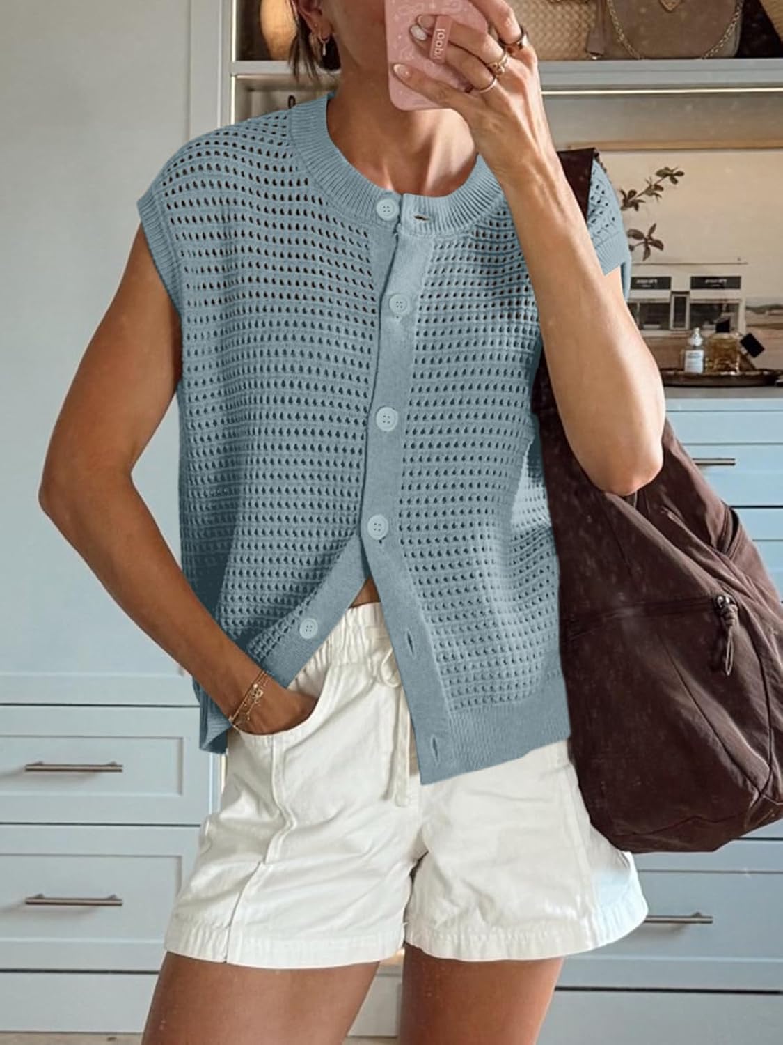 Saodimallsu Womens Short Cap Sleeve Sweater Vest Crochet Button Down Cardigans Crew Neck Summer Knit Tops
