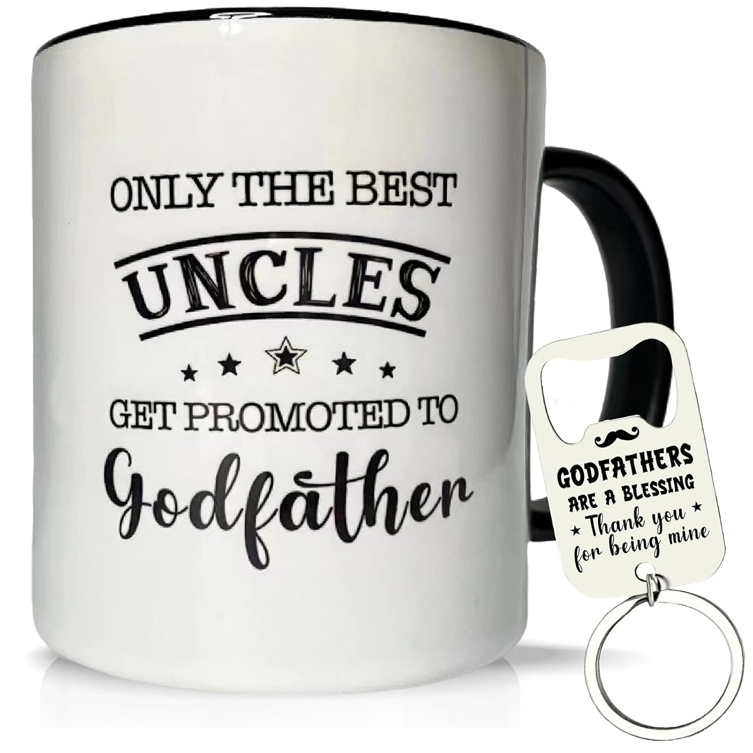MALLAbyLAMMA Godfather Mug 11 Ounces Ceramic Coffee Cup with Bottle Opener Keychain Gift for Godfather Proposal Birthday Fathers