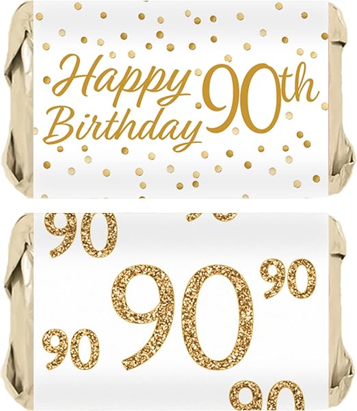 DISTINCTIVS White and Gold 90th Birthday Mini Candy Bar Wrappers - 42 Stickers, 90th Birthday Decorations