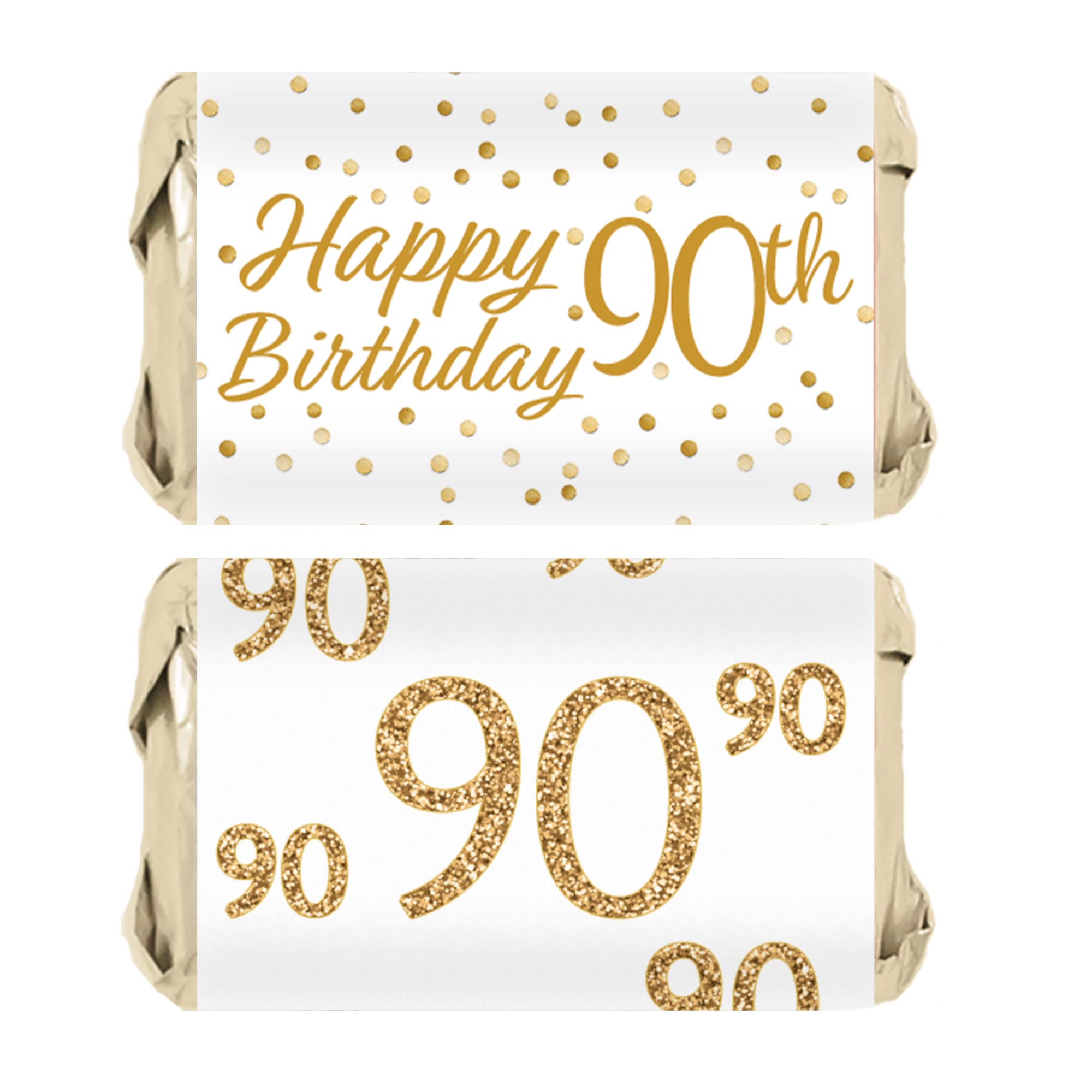DISTINCTIVS White and Gold 90th Birthday Mini Candy Bar Wrappers - 45 Stickers, 90th Birthday Decorations