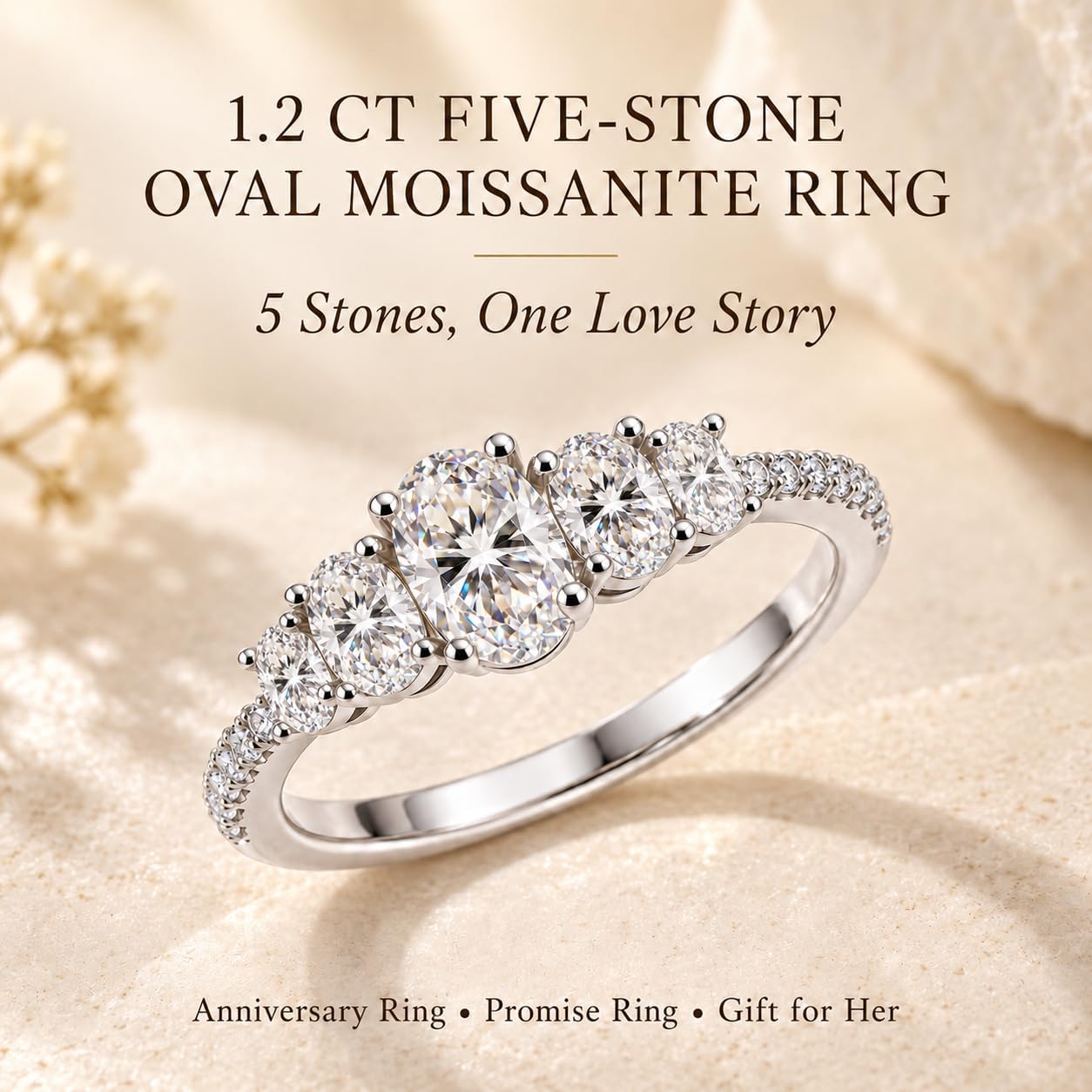 1.2CT Five Stone Oval Moissanite Engagement Ring for Women