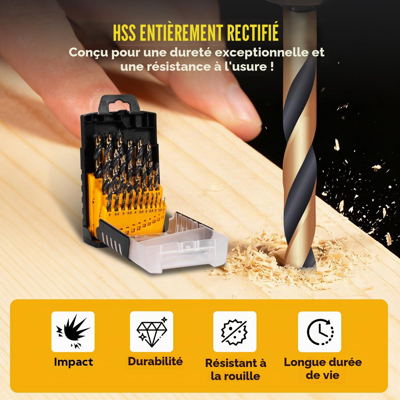 Forets à Bois 25 Pièces, HSS-G Rectifiés 1–13 mm avec Boîte | Meche à Bois a Pointe de Centrage, Angle de Pointe 135° pour Bois, Caoutchouc, Polyuréthane, Plastique