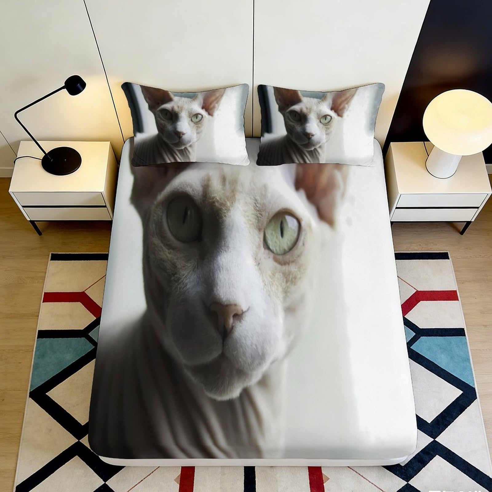 3D Printed Sphynx Cat Fitted Sheet Microfiber Soft Durable White Cat Face Bed Cover for Bedroom Dormitory Guest Room Mattress Protection 200x200x25cm