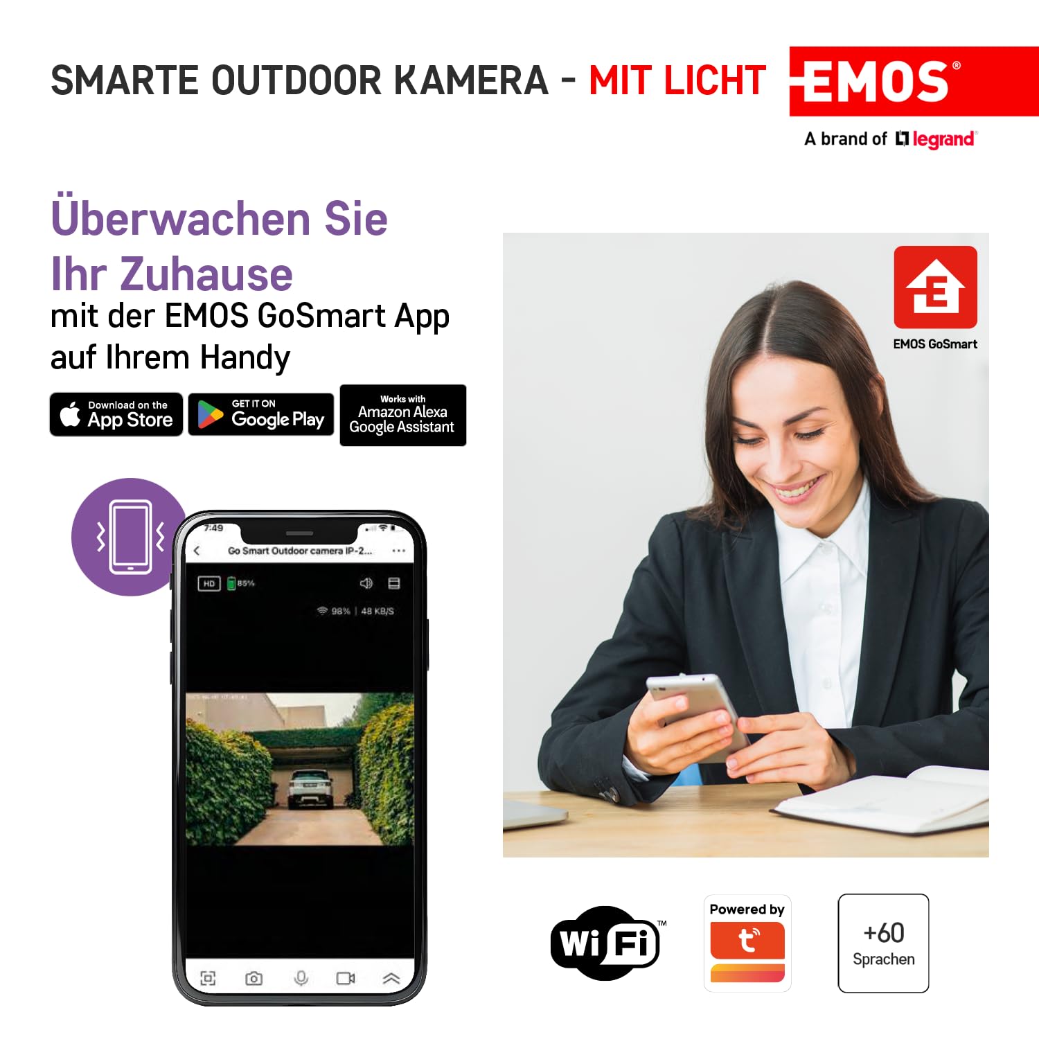 EMOS GoSmart kamera do monitoringu Smart Home Outdoor ze światłem – obracająca się o 3 MP kamera IP z aplikacją – noktowizor i syrena – kompatybilna z Google Assistant i Alexa – wodoszczelna, biała