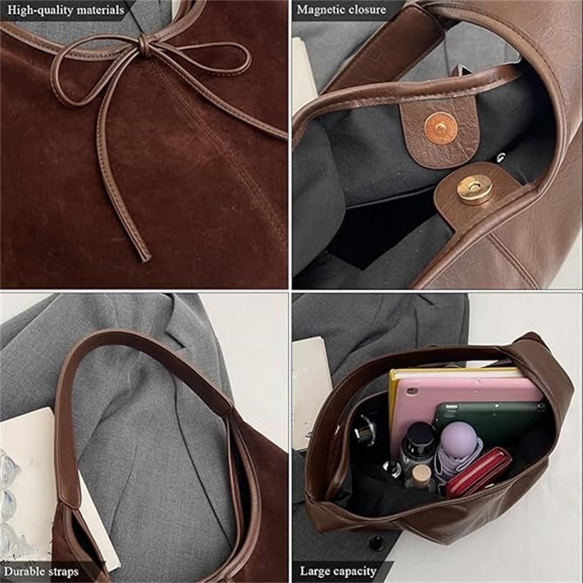 Bow Suede Tote Bag for Women,Trendy Purse Slouchy Hobo Bag with Elegant Bow,Vintage Large Capacity Work Tote Shoulder Handbag - Image 6