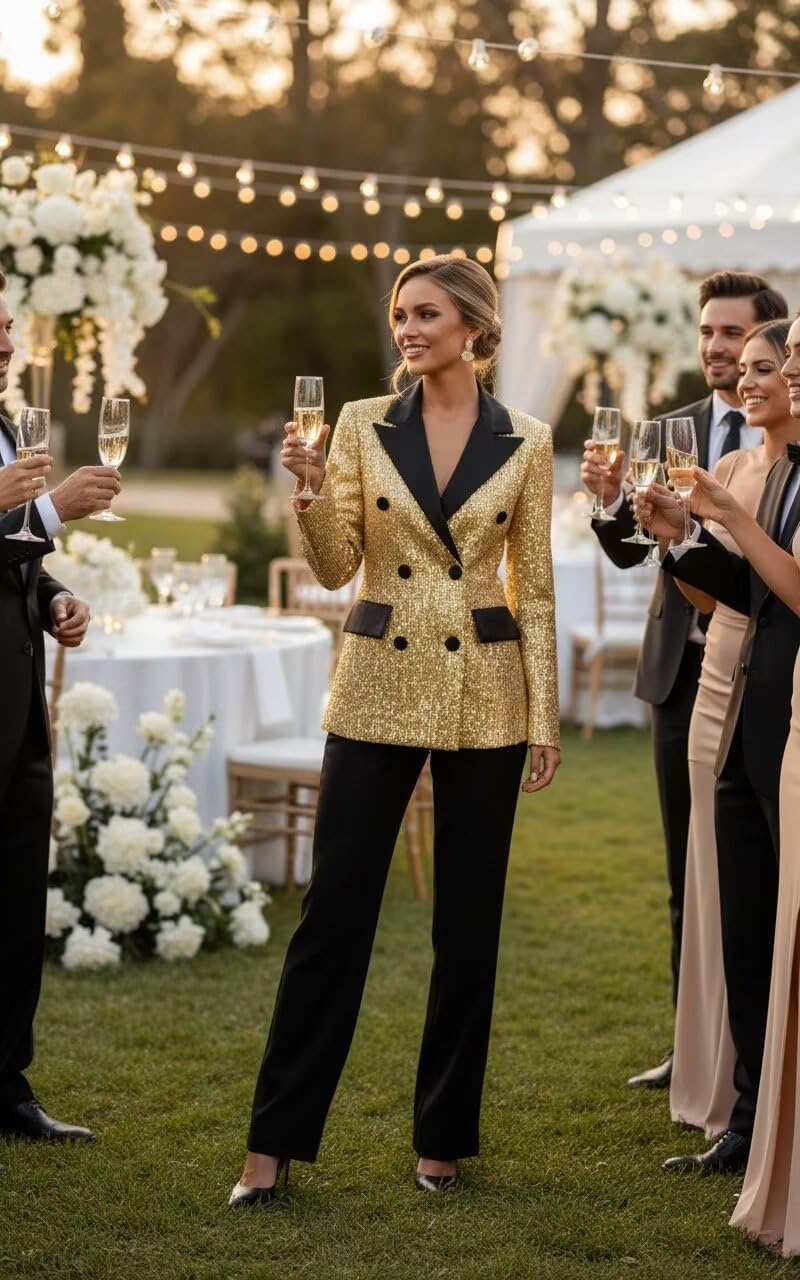 Sequin Womens Blazer Sparkly Peak Lapel Suit Jacket for Women Double Breasted Glitter Wedding Party Blazers