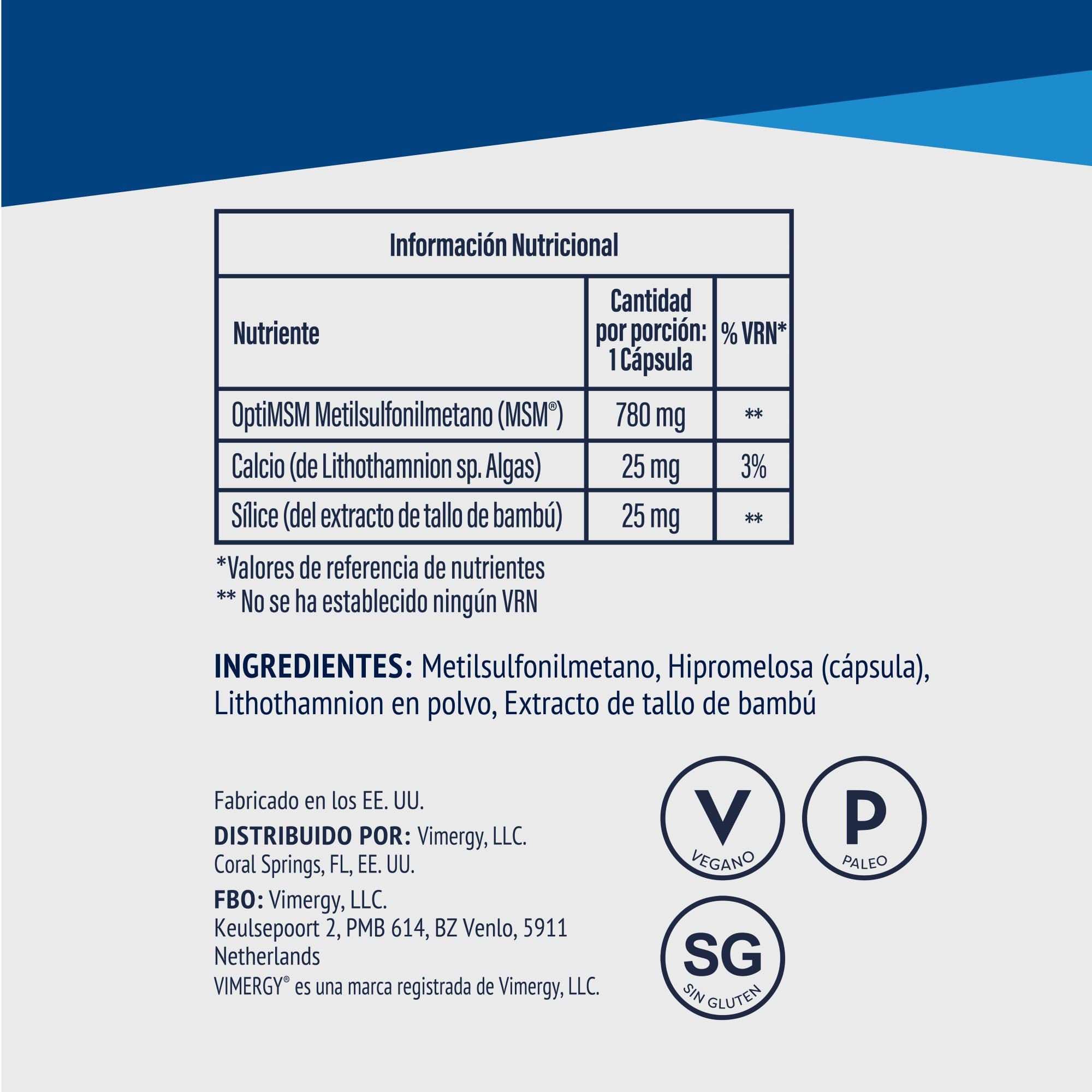 Vimergy MSM 780 mg – 120 Cápsulas – MSM Cápsulas con Calcio y Sílice - Cápsula Vegana sin Gelificantes – Sin OMG, Gluten ni Gelatina - Kosher